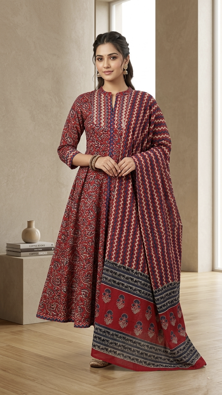 Sadiya Red Cotton Anarkali Dress with along Dupatta
