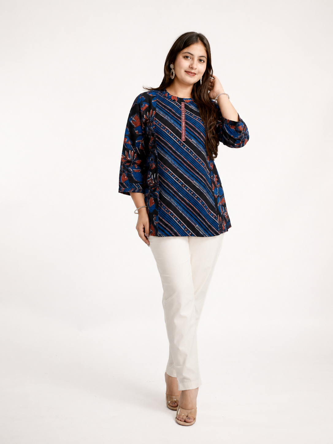Indigo Blue Cotton Handblock Striped Short Top