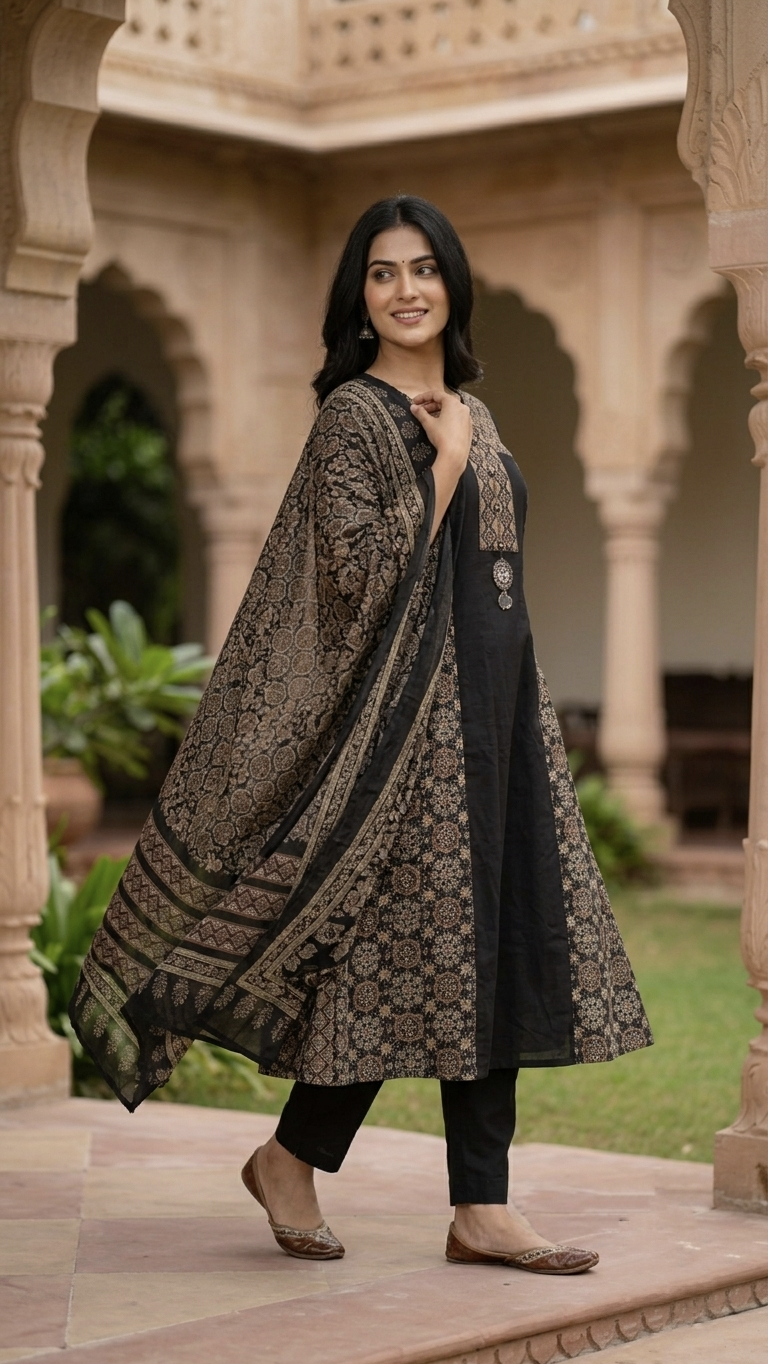 Esha Black Cotton Ajrakh HandEmbroidered A-line Dupatta Set