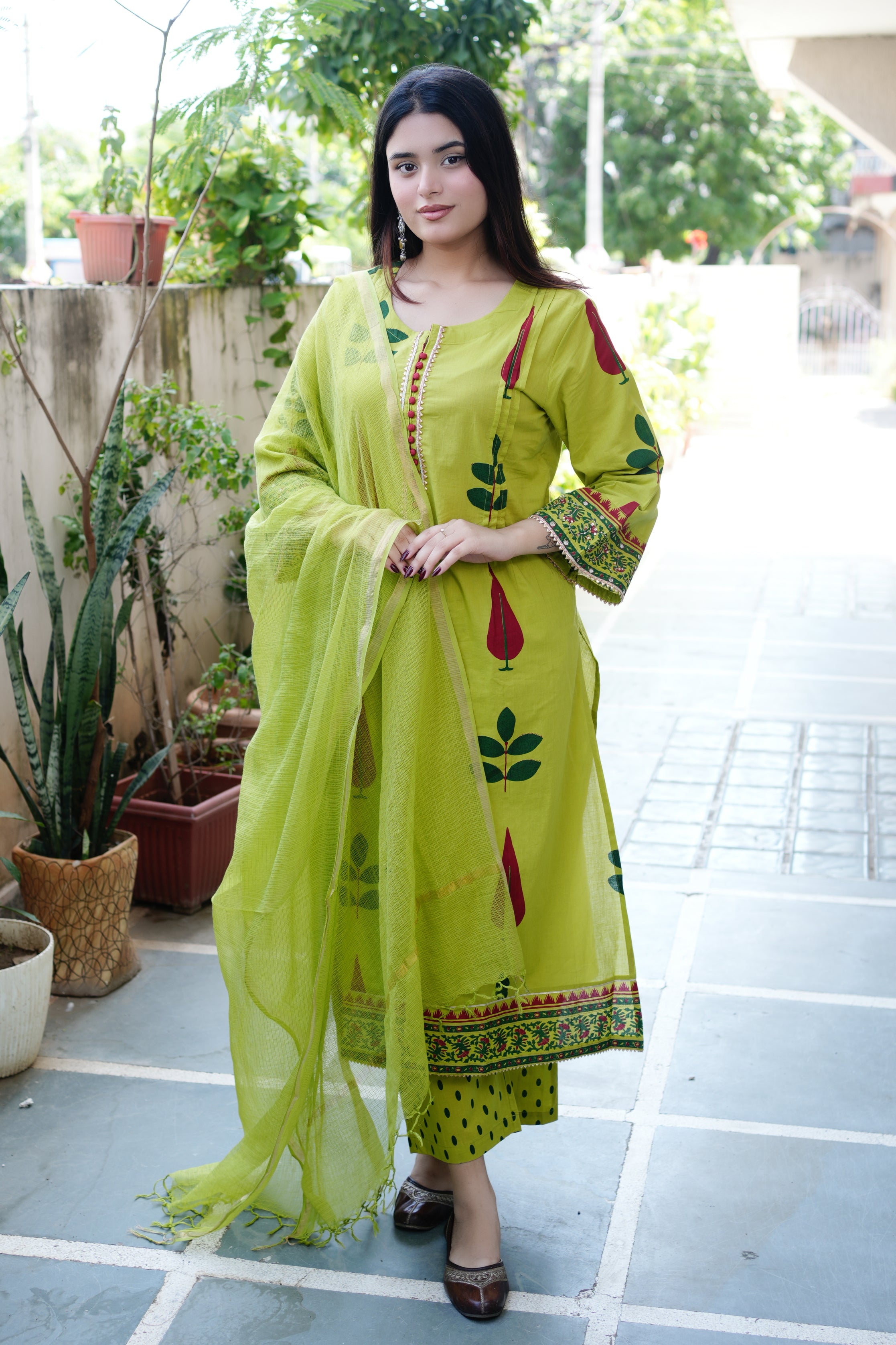 Erisha Cotton Handblock Embroidered Pant Set