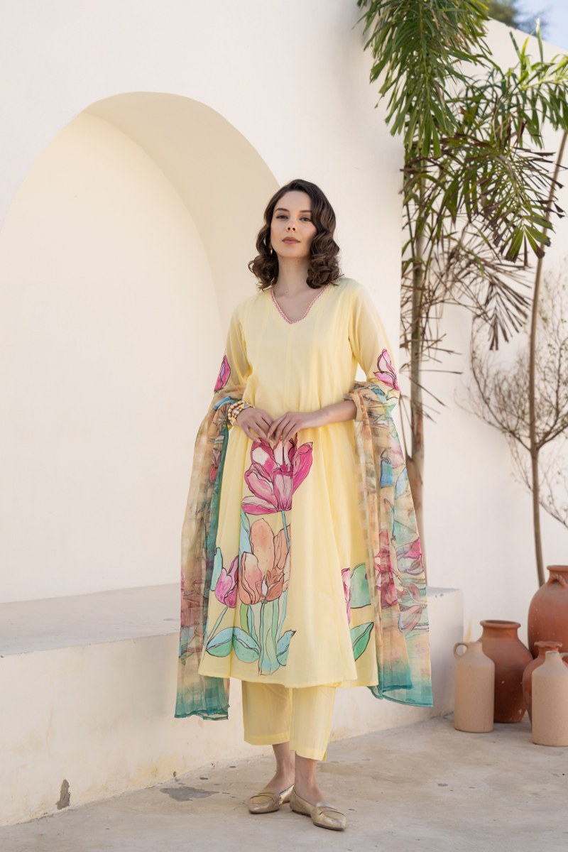 Shefali Mul Cotton HandBrush Painted Anarkali Set - The Jaipur Studio