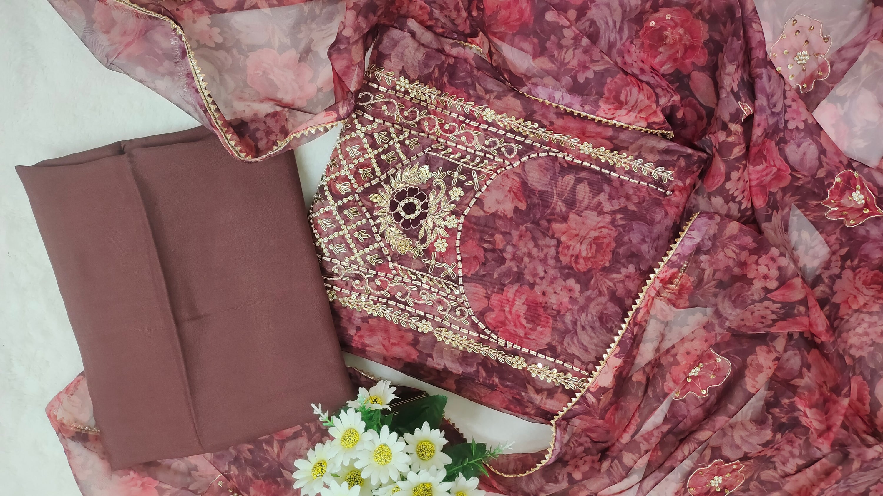 Mauve Floral Print Unstitched Salwar Suit Set with Matching Organza Dupatta