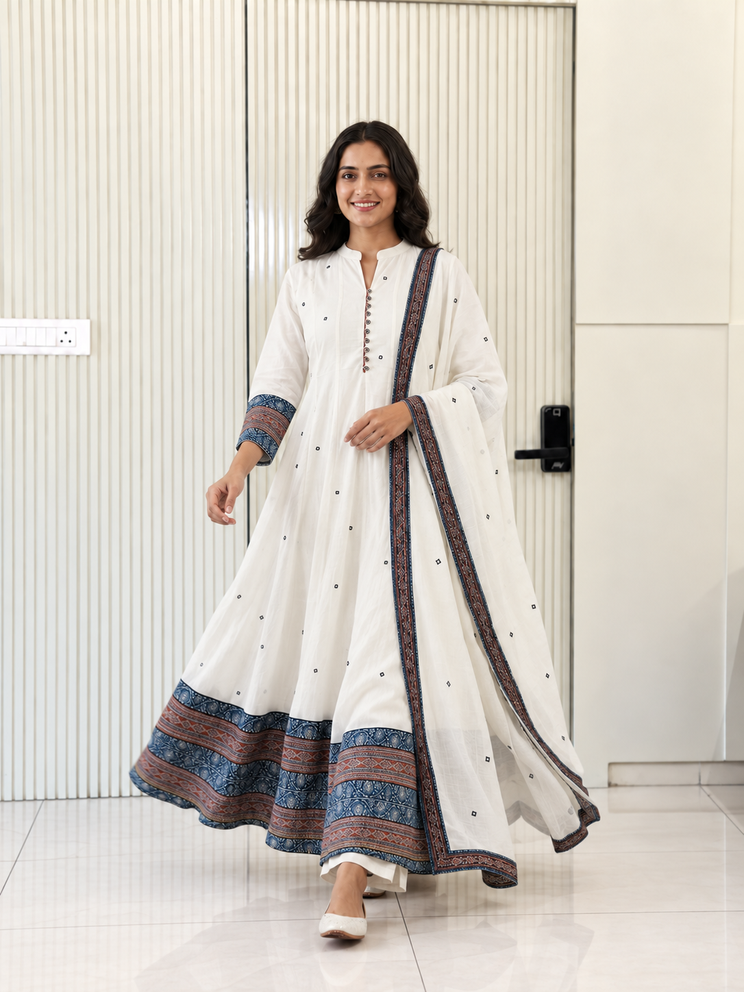 Shweta White Mul Cotton Ajrakh Anarkali Dupatta Set