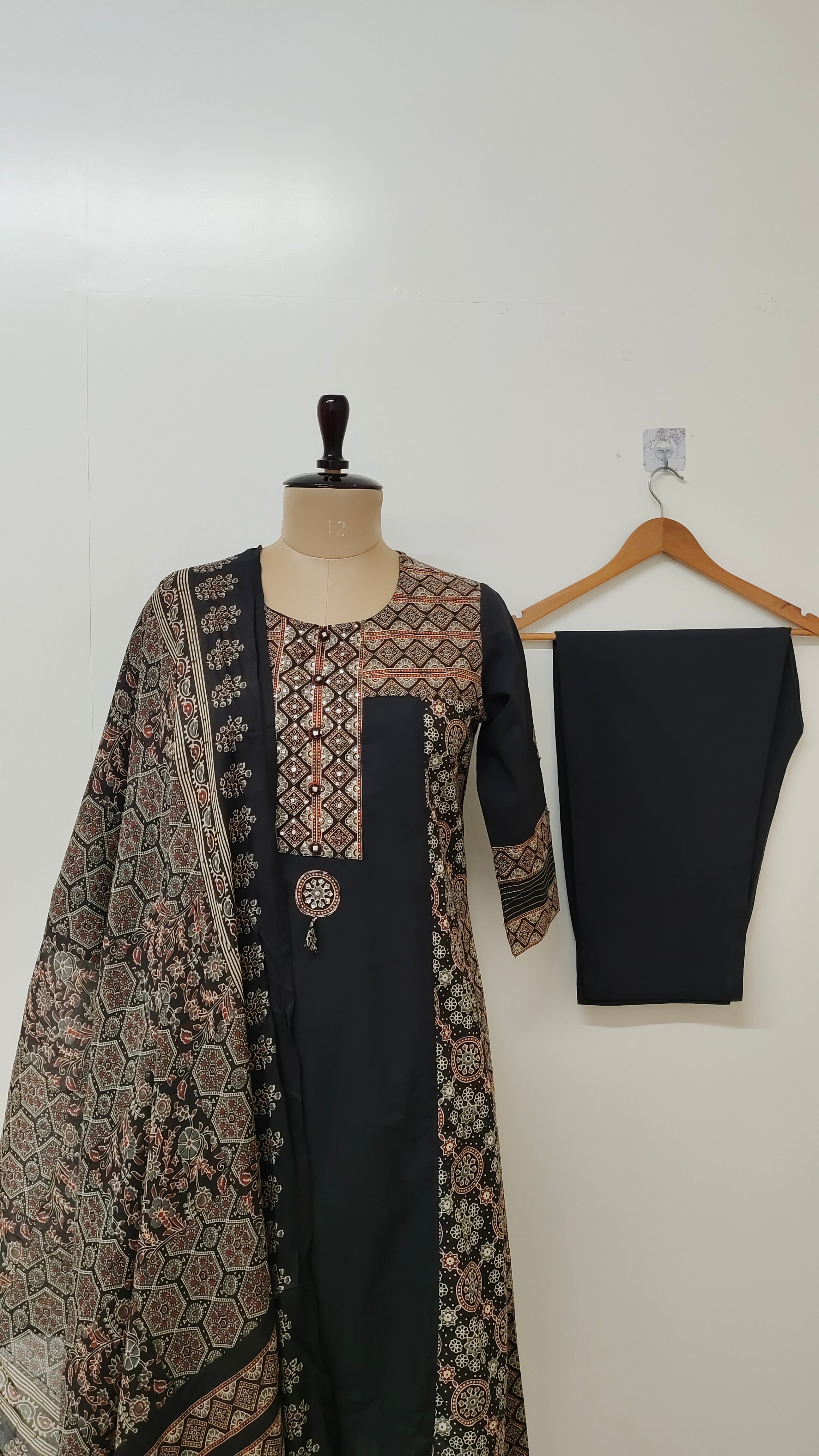 Esha Black Cotton Ajrakh HandEmbroidered A-line Dupatta Set