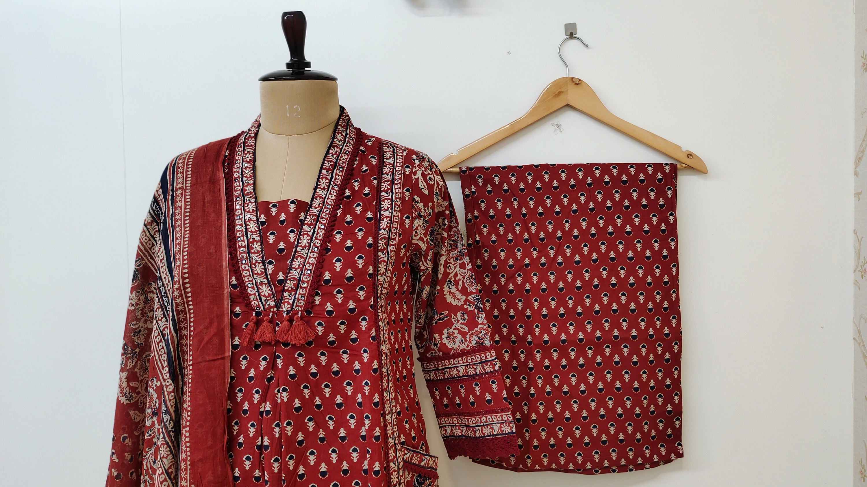 Reem Red Cotton Handblock Embroidered A-line Dupatta set