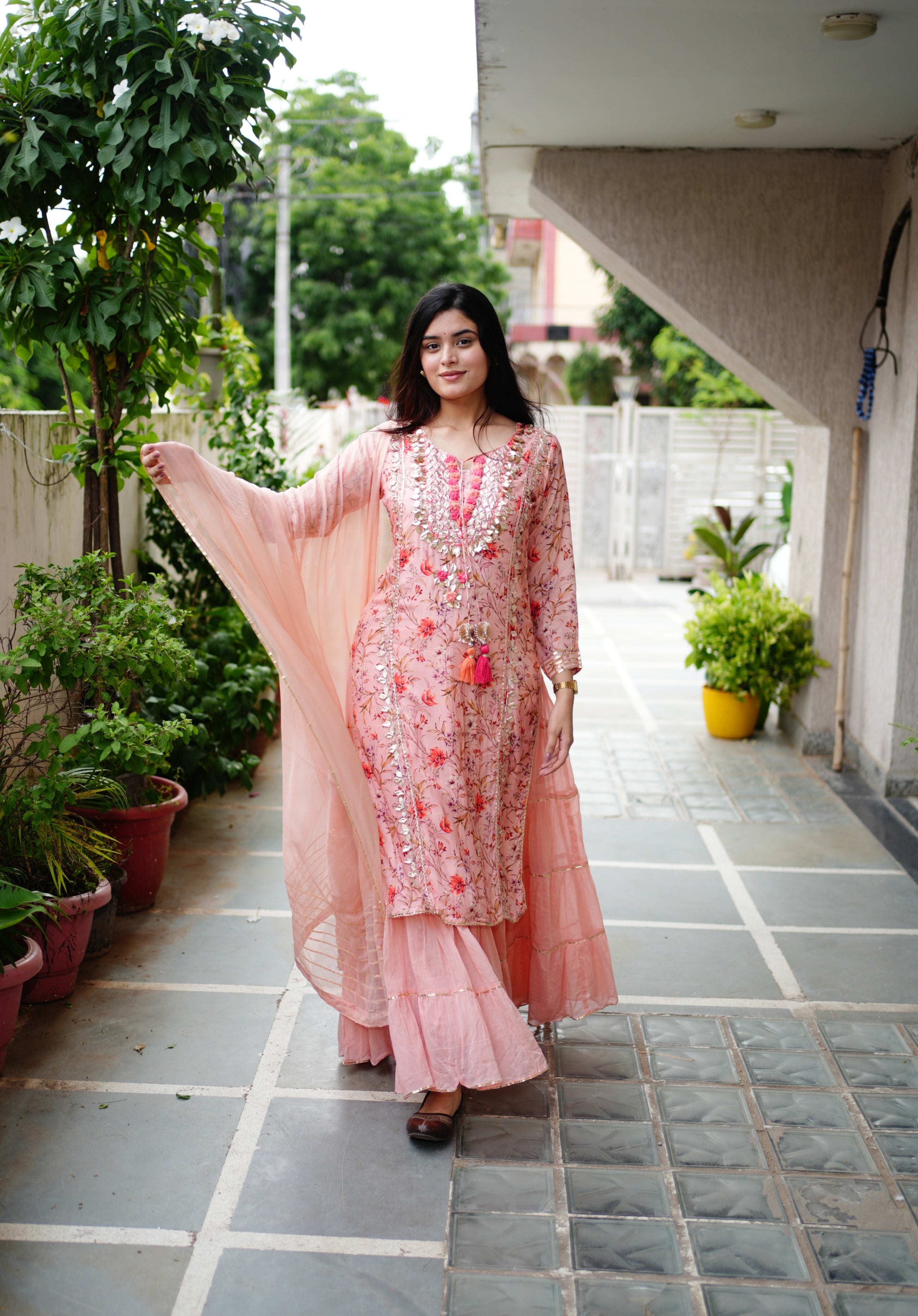 Reem Floral Double Layer Dupatta Set - The Jaipur Studio