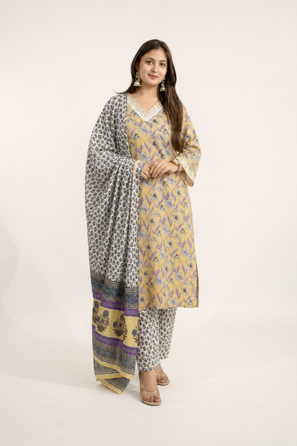Soma Yellow Cotton Straight Dupatta Set