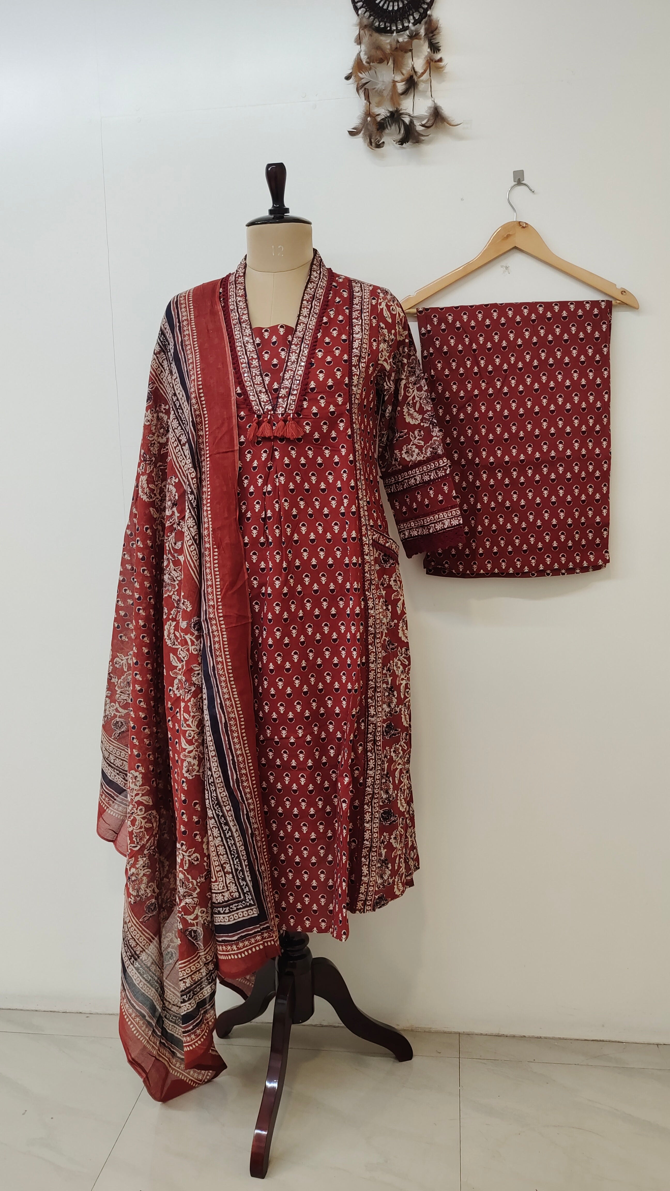Reem Red Cotton Handblock Embroidered A-line Dupatta set