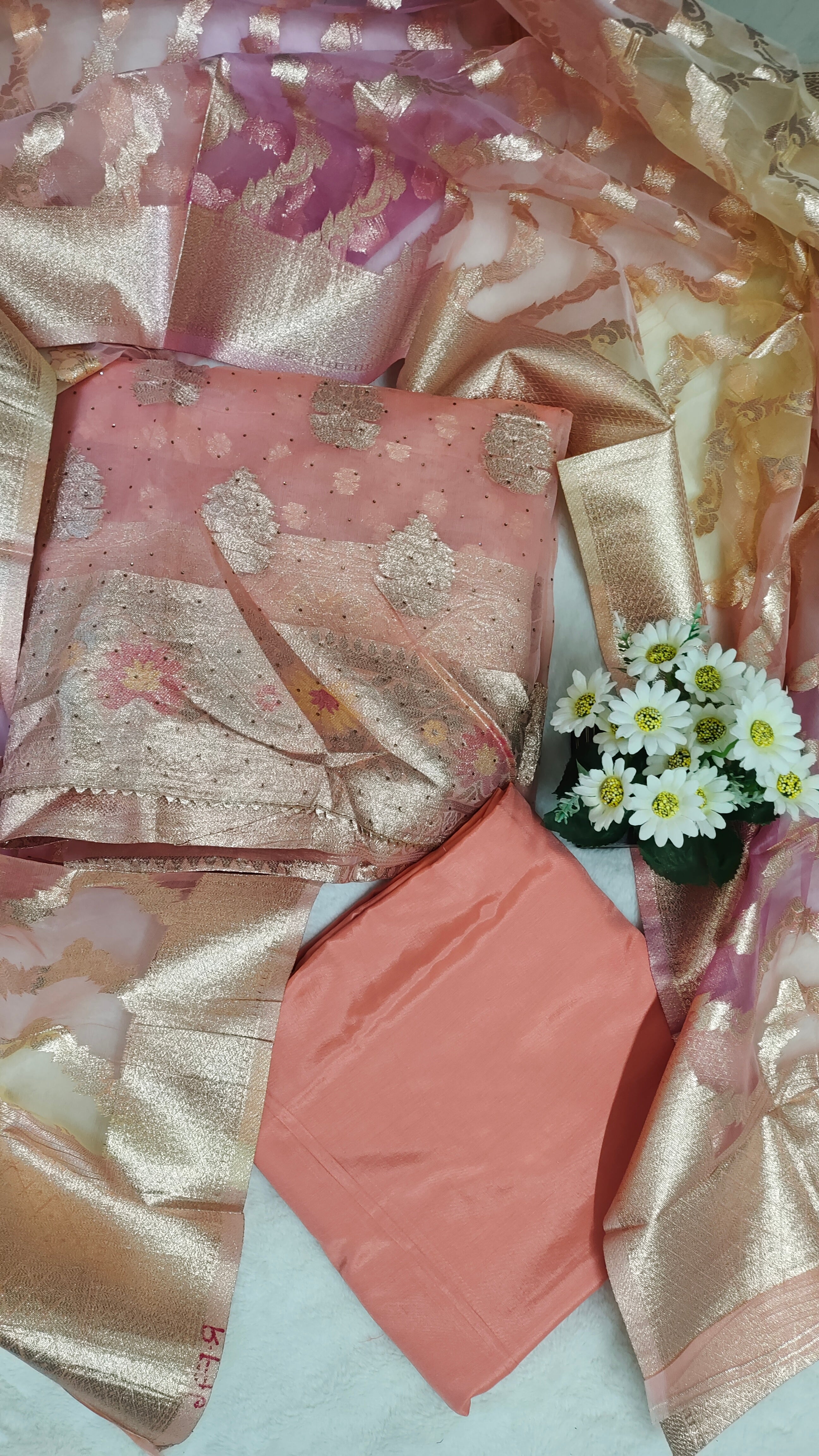 Unstitched Kurta Set with Rose-Gold Zari Booti and Designer Pastel Dupatta