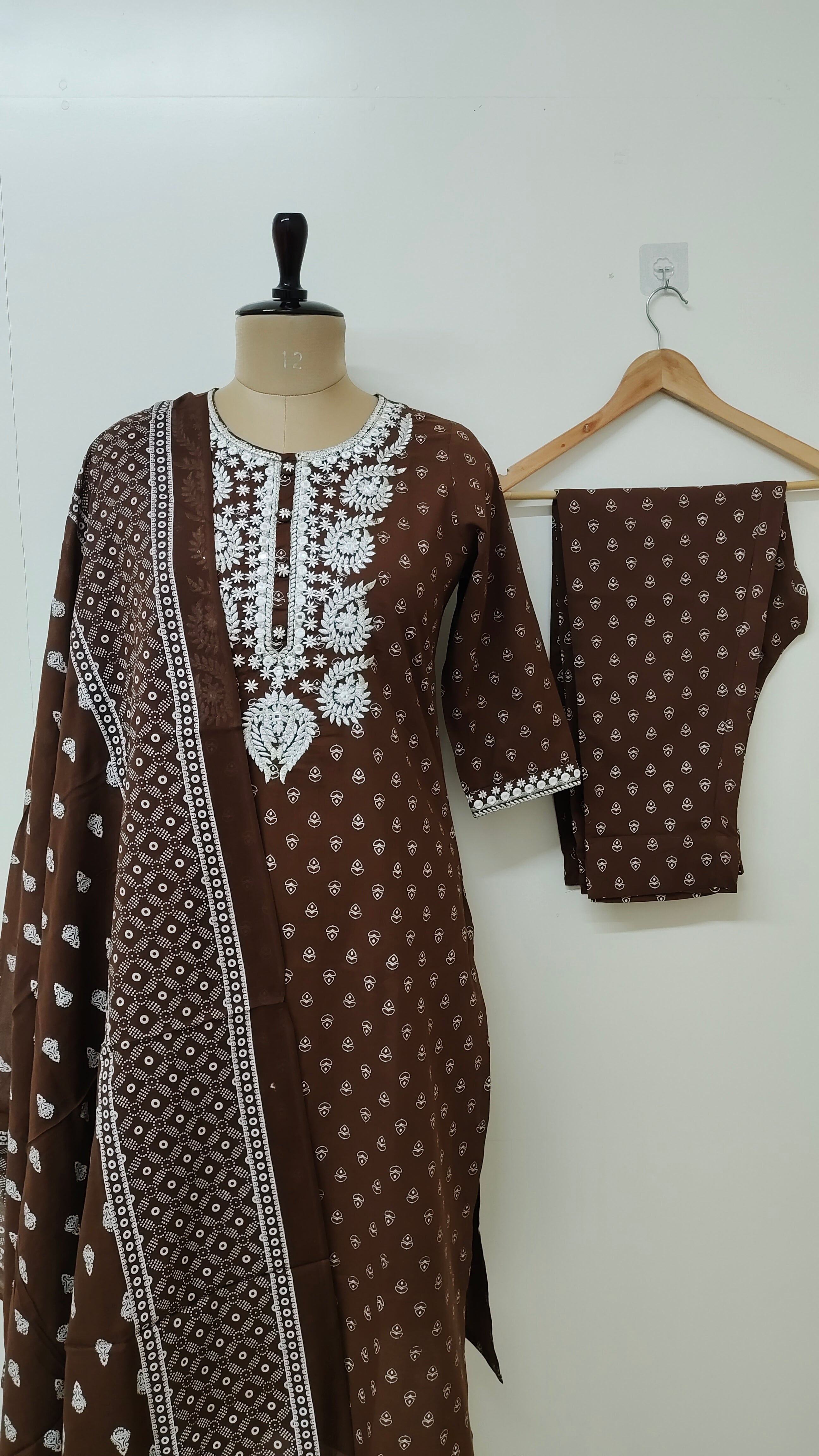 Meher Brown Cotton Embroidered Straight Dupatta Set