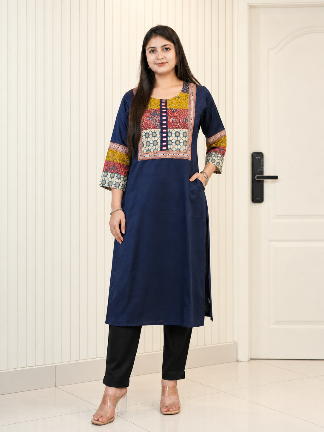 Daniya Blue Mashru Silk Ajrakh Embroidered Kurta