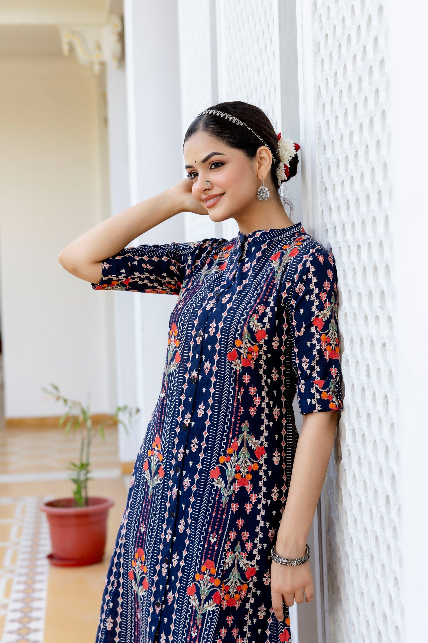 Navy Blue Floral Cotton A-line Coord Set - The Jaipur Studio