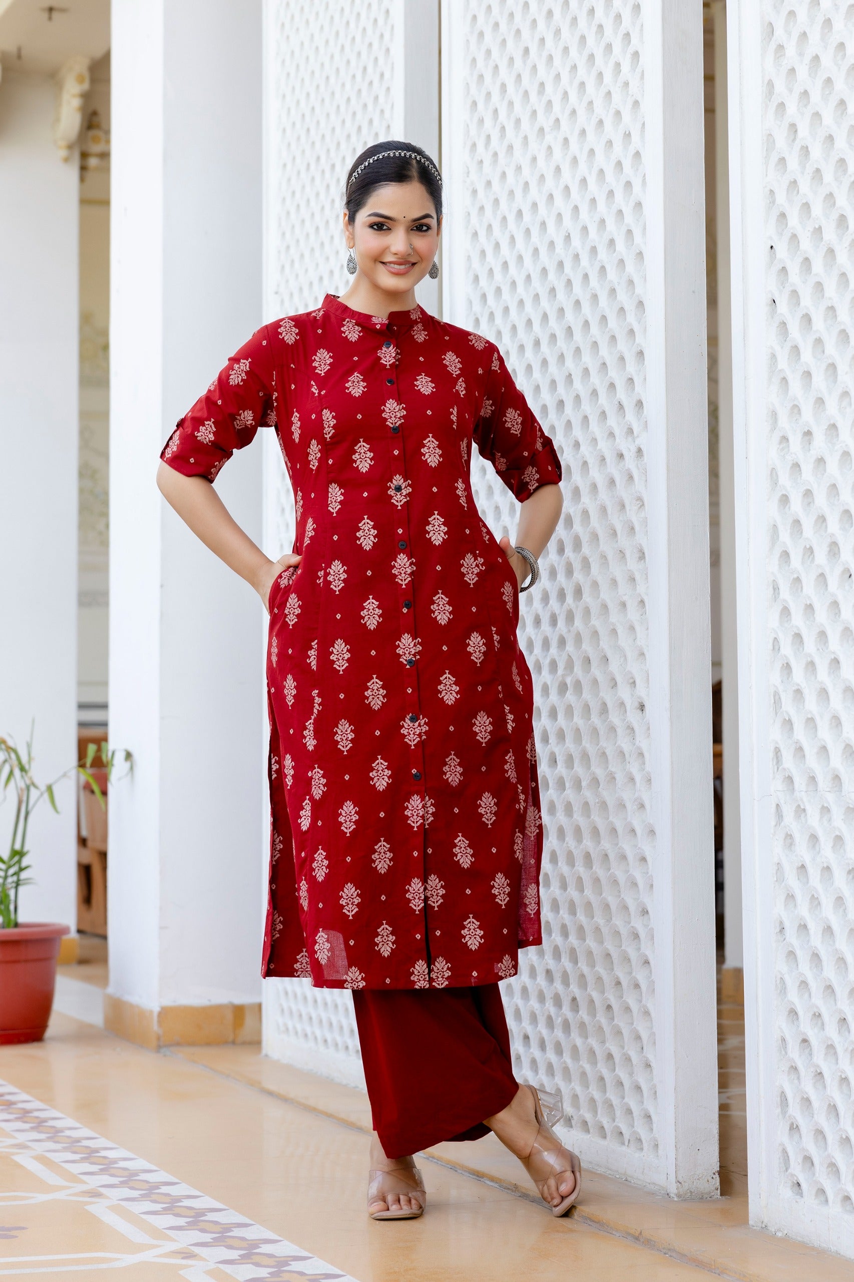 Red Jamdani Cotton A-line Coord Set - The Jaipur Studio