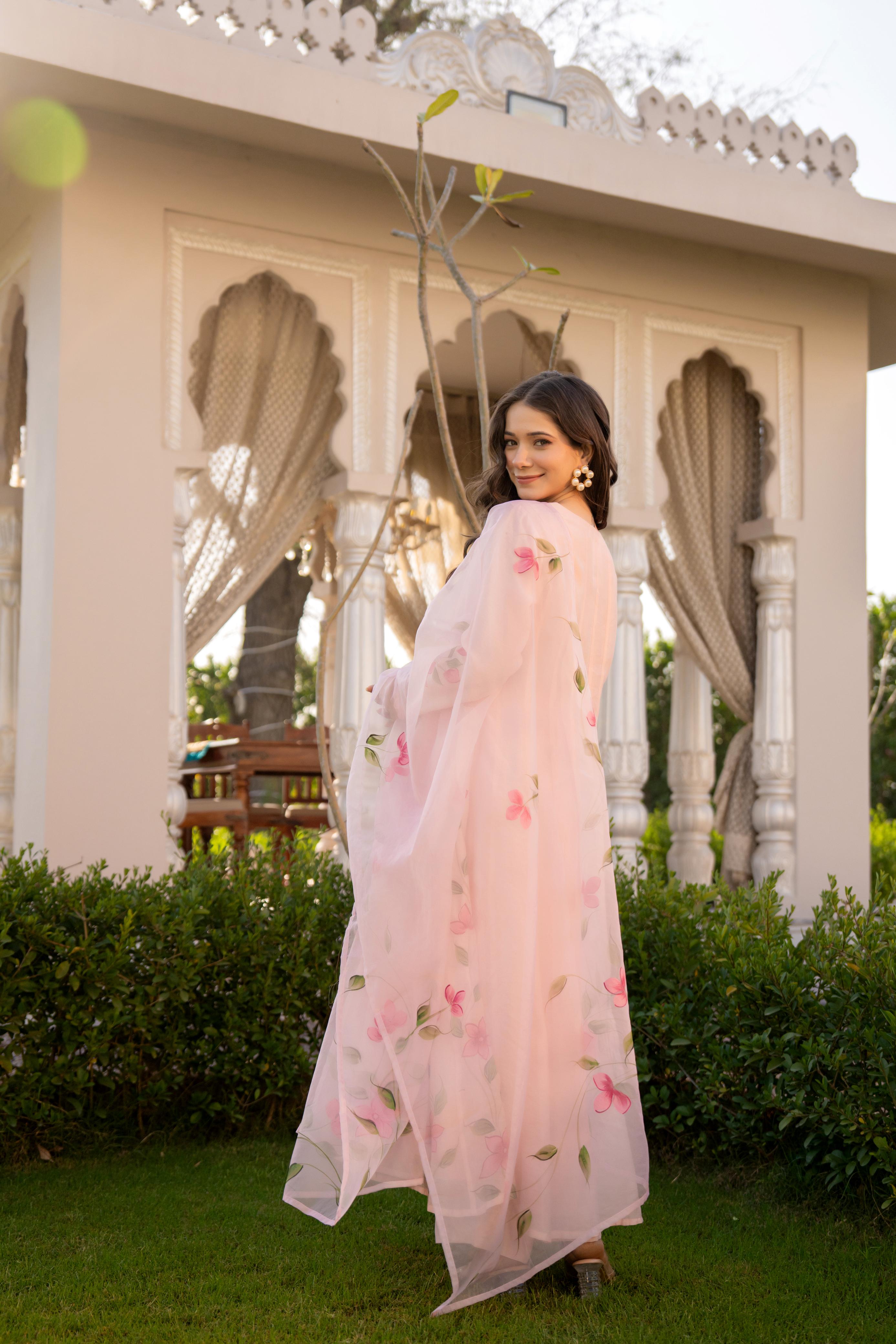 Zola Mul Chanderi HandPainted Anarkali Set - The Jaipur Studio
