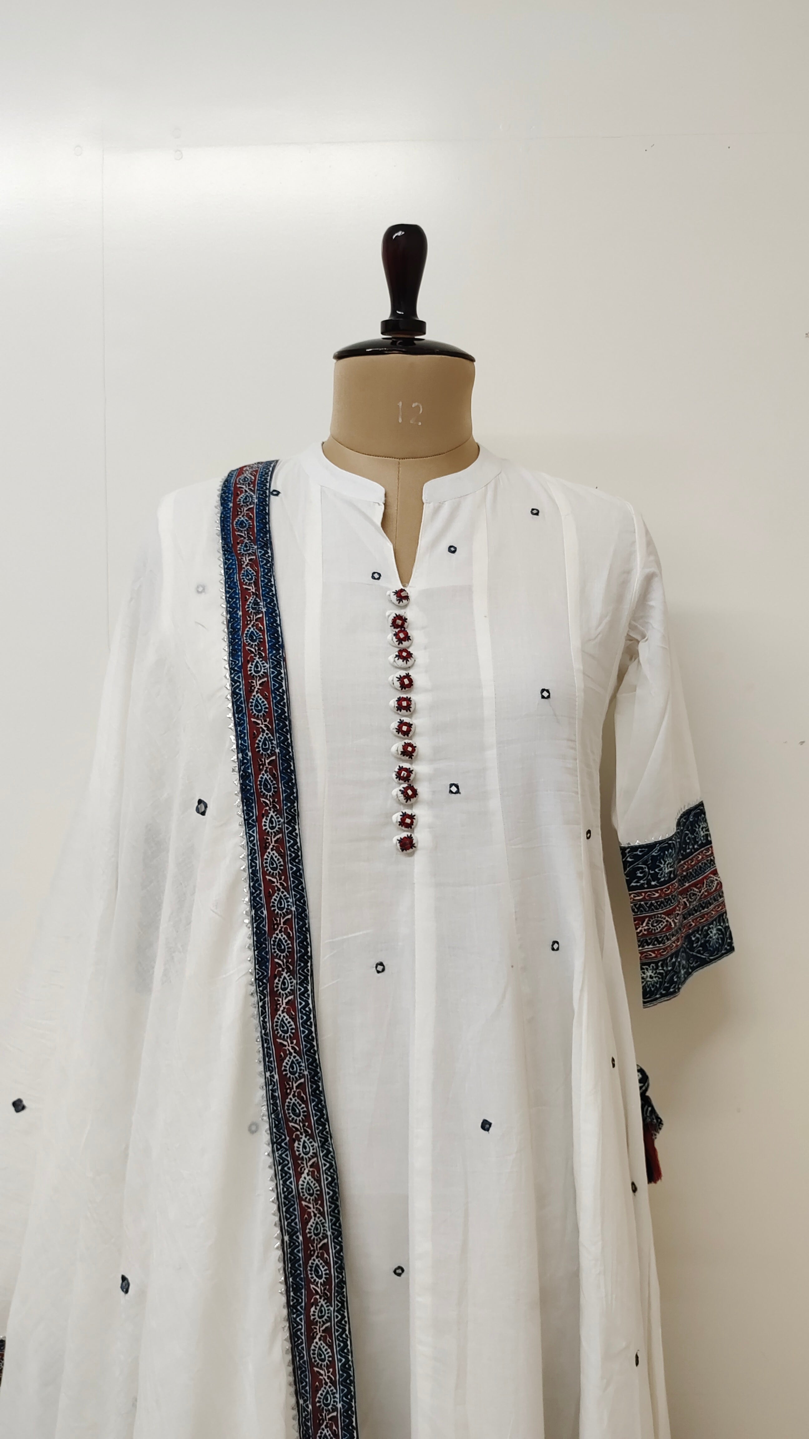 Shweta White Mul Cotton Ajrakh Anarkali Dupatta Set