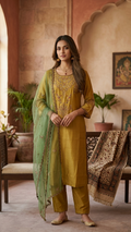 Shefali Mustard Premium Muslin Embroidered Dupatta Set