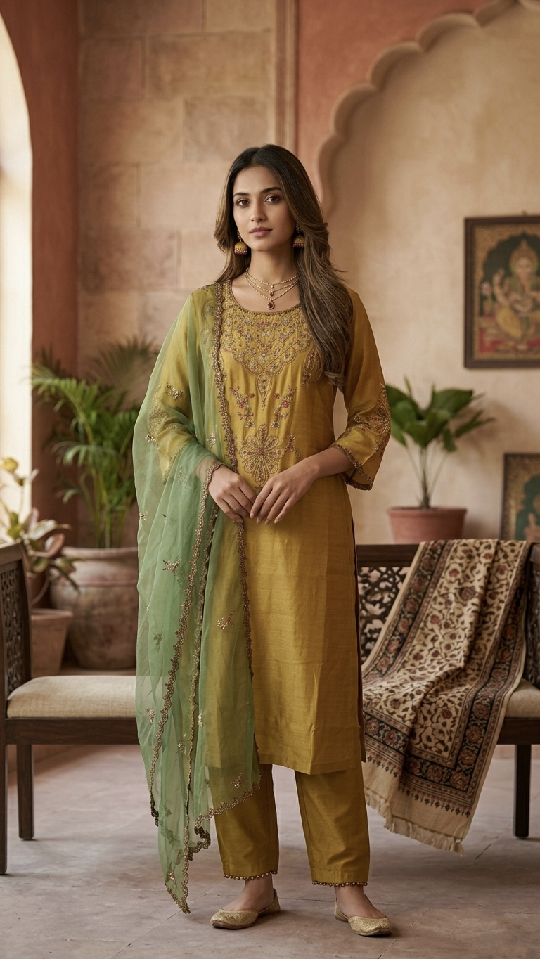 Shefali Mustard Premium Muslin Embroidered Dupatta Set