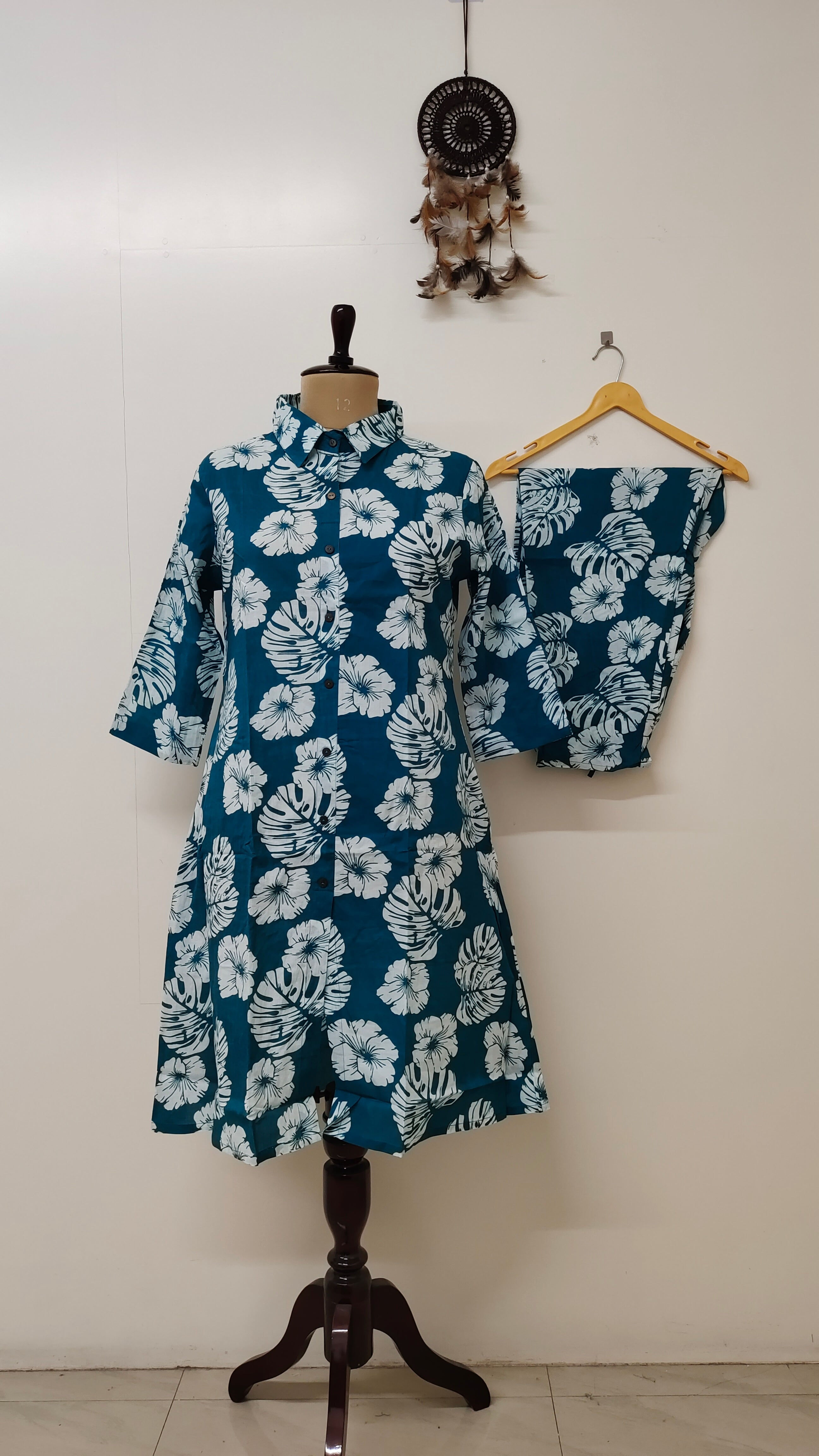 Namah Teal Cotton Floral A-line Coord Set