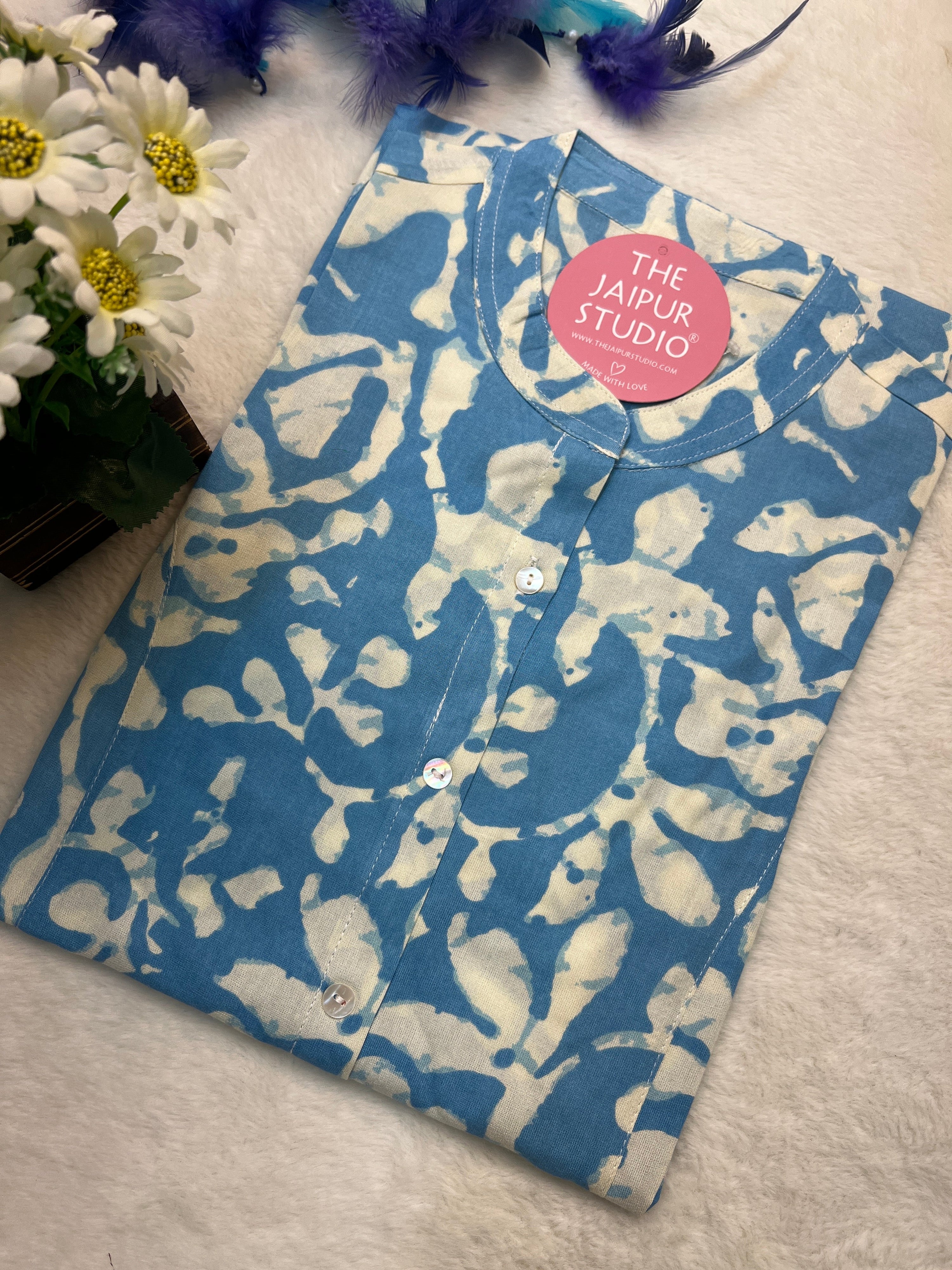 Minal Blue Rayon Floral Short Top
