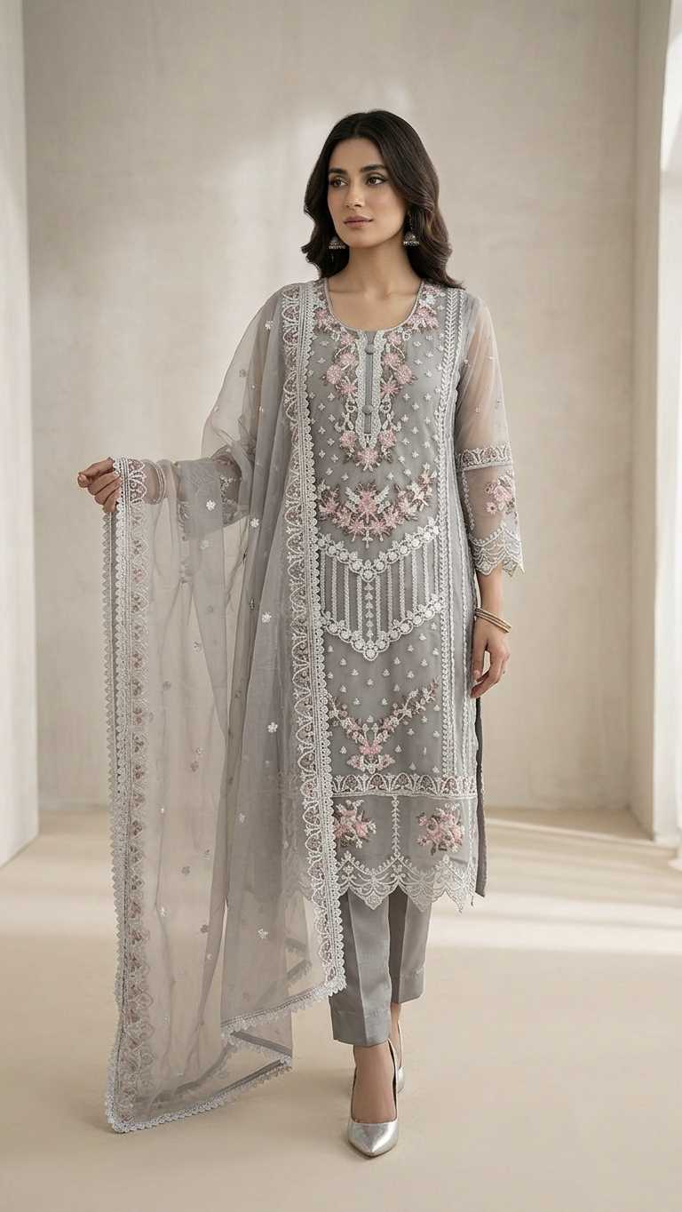 Sitara Grey Organza Embroidered Straight Dupatta Set