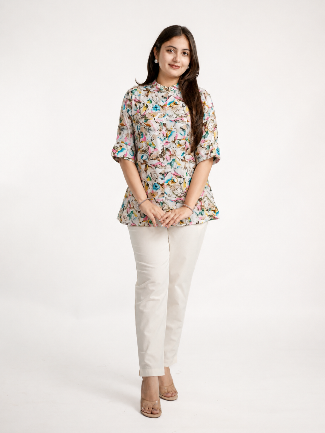 White Rayon MultiColor Floral Short Top