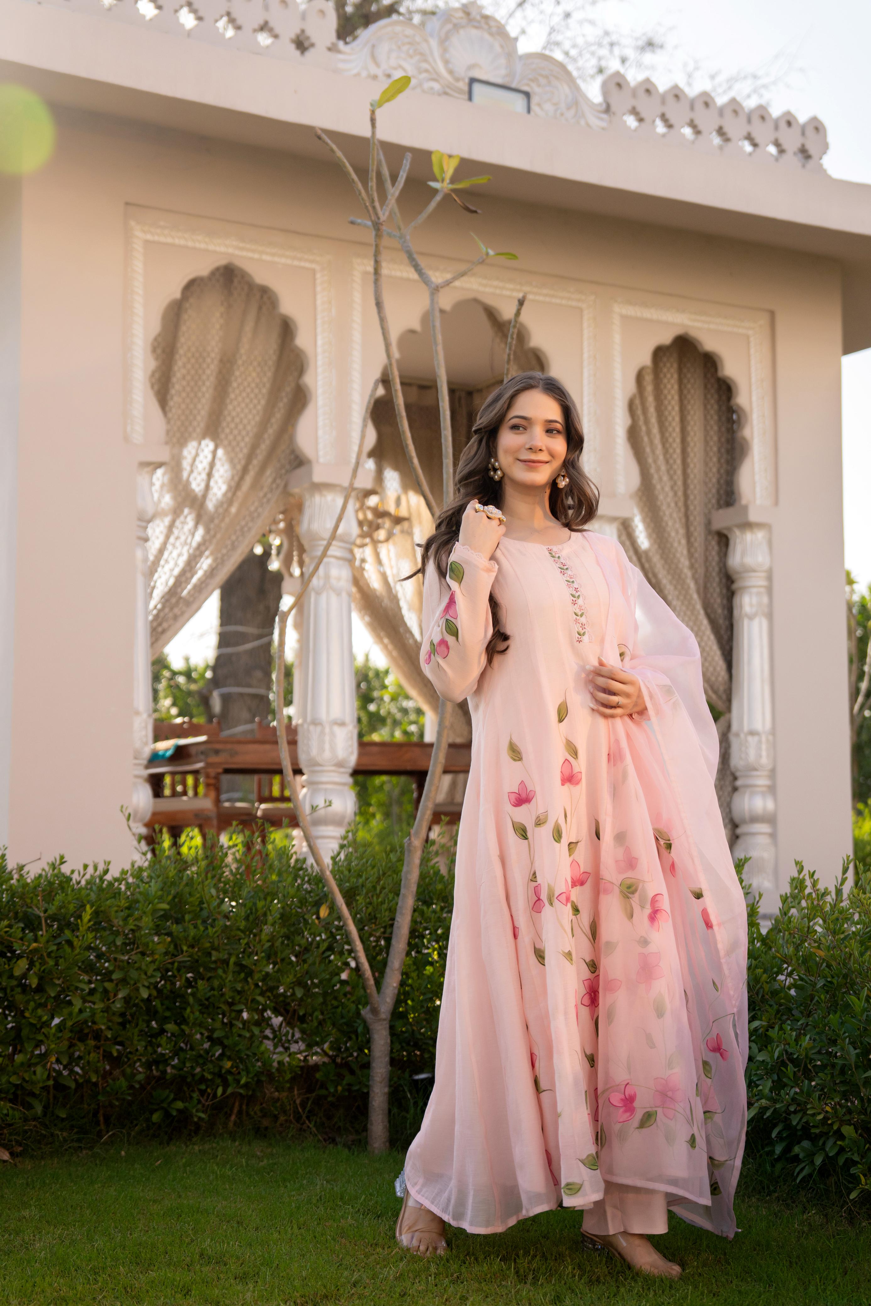 Zola Mul Chanderi HandPainted Anarkali Set - The Jaipur Studio