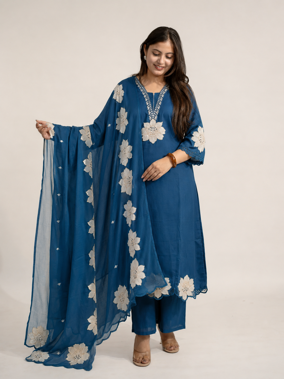 Naira Blue Cotton Cutwork Embroidered Duppata Set