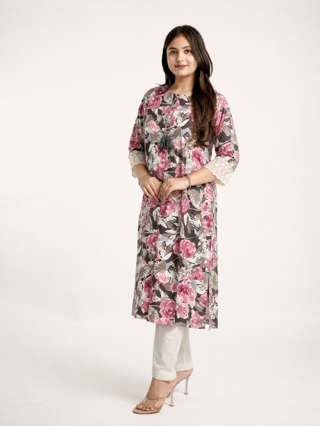 Nazneen Pink Cotton Rose A-Line Kurta