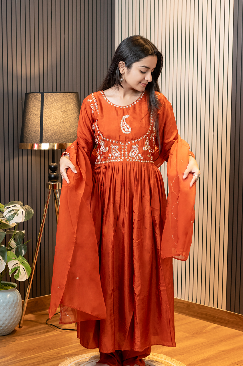 Taara Rust Silk Zari Embroidered Anarkali Set - The Jaipur Studio