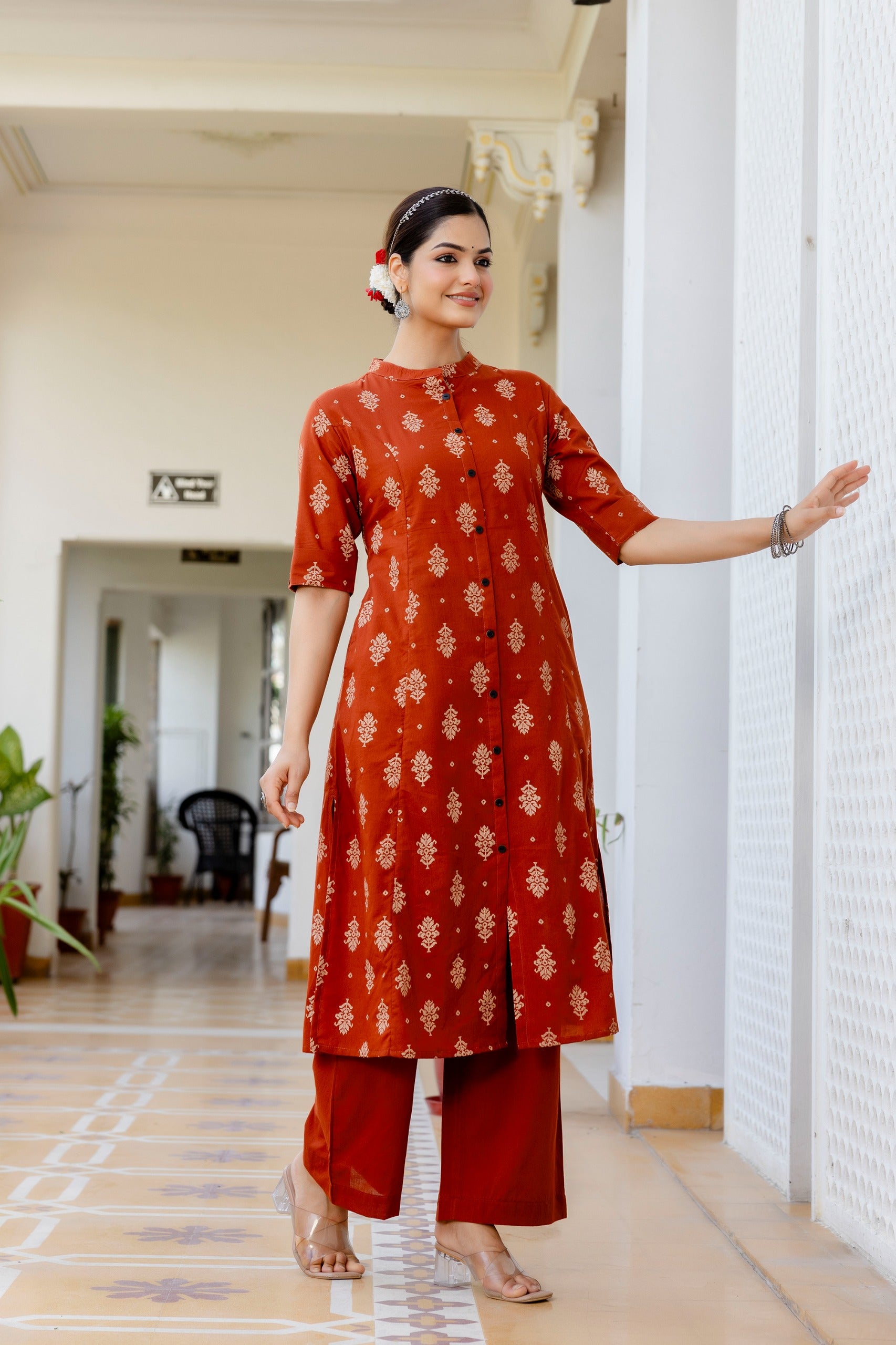 Rust Jamdani Cotton A-line Coord Set