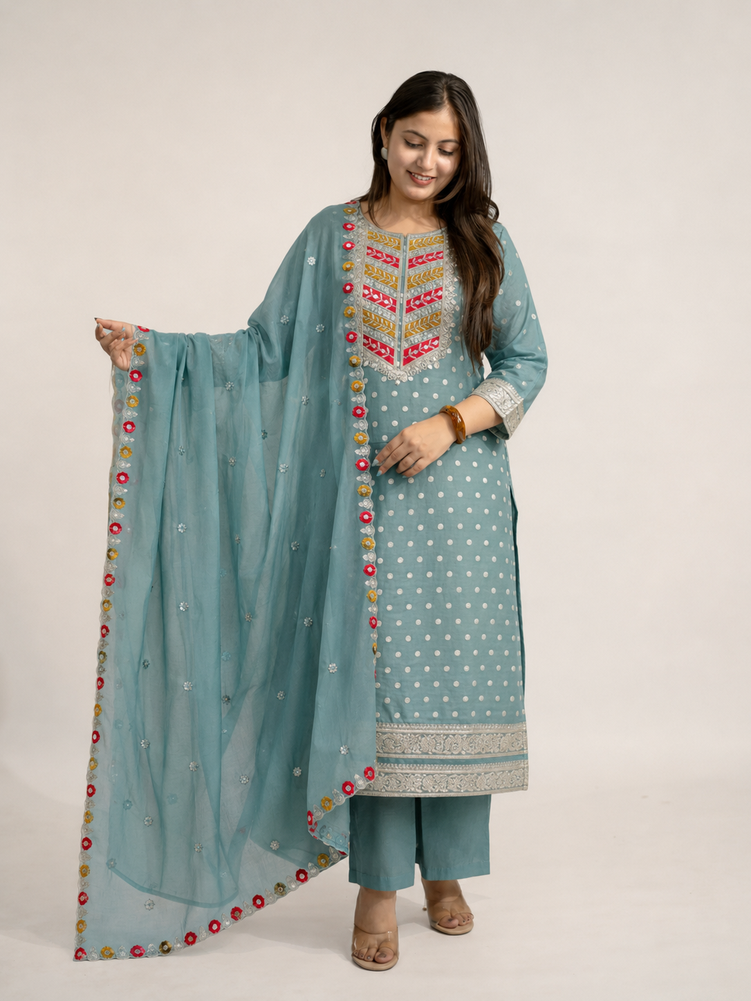 Varya Green Brocade Shimmer Embroidered Dupatta Set