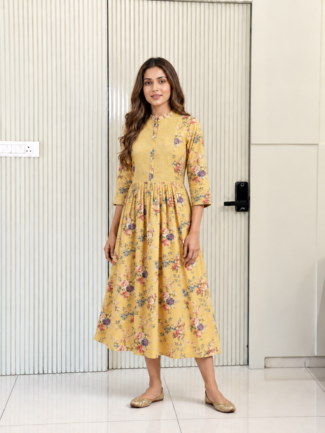 Asma Yellow Cotton Embroidered A-line Kurta
