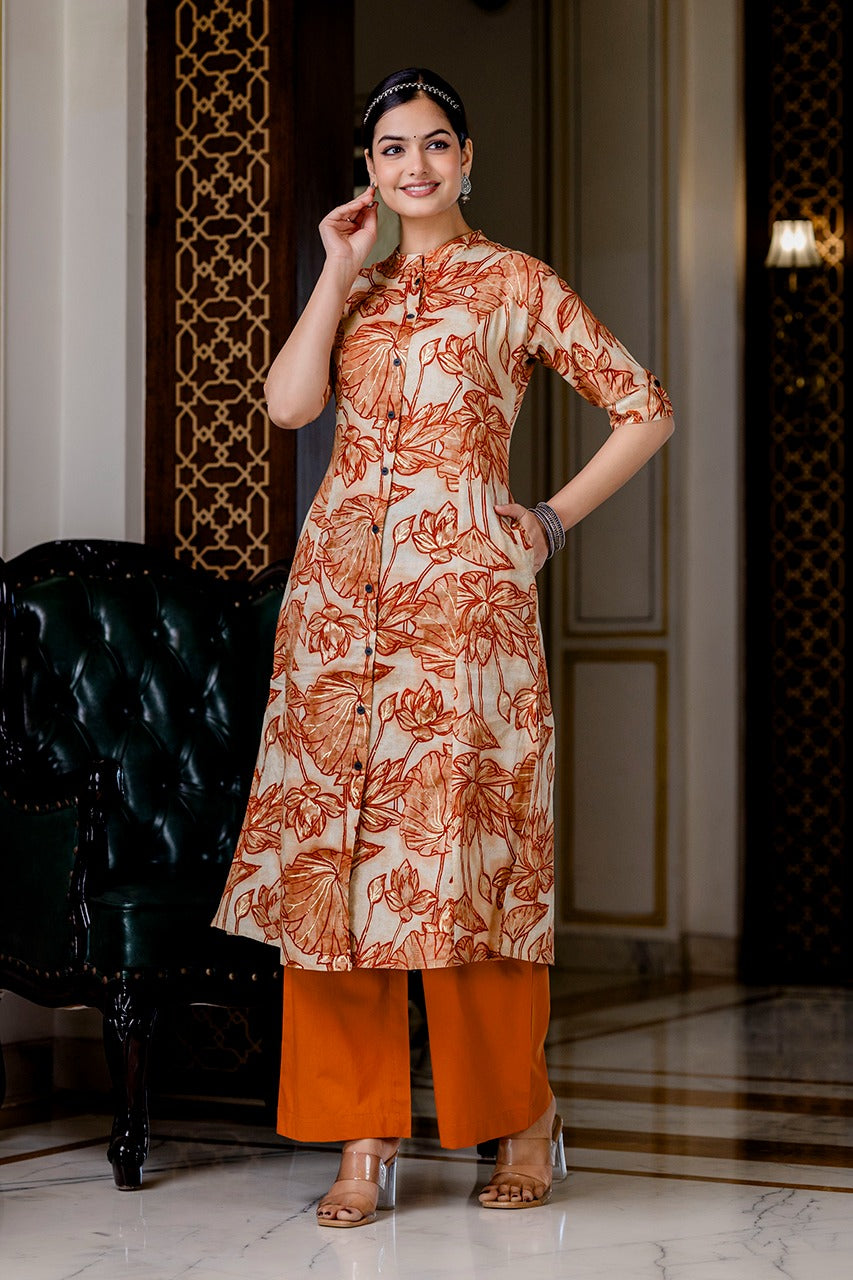 Shnaya Rust Floral Cotton A-line Coord Set