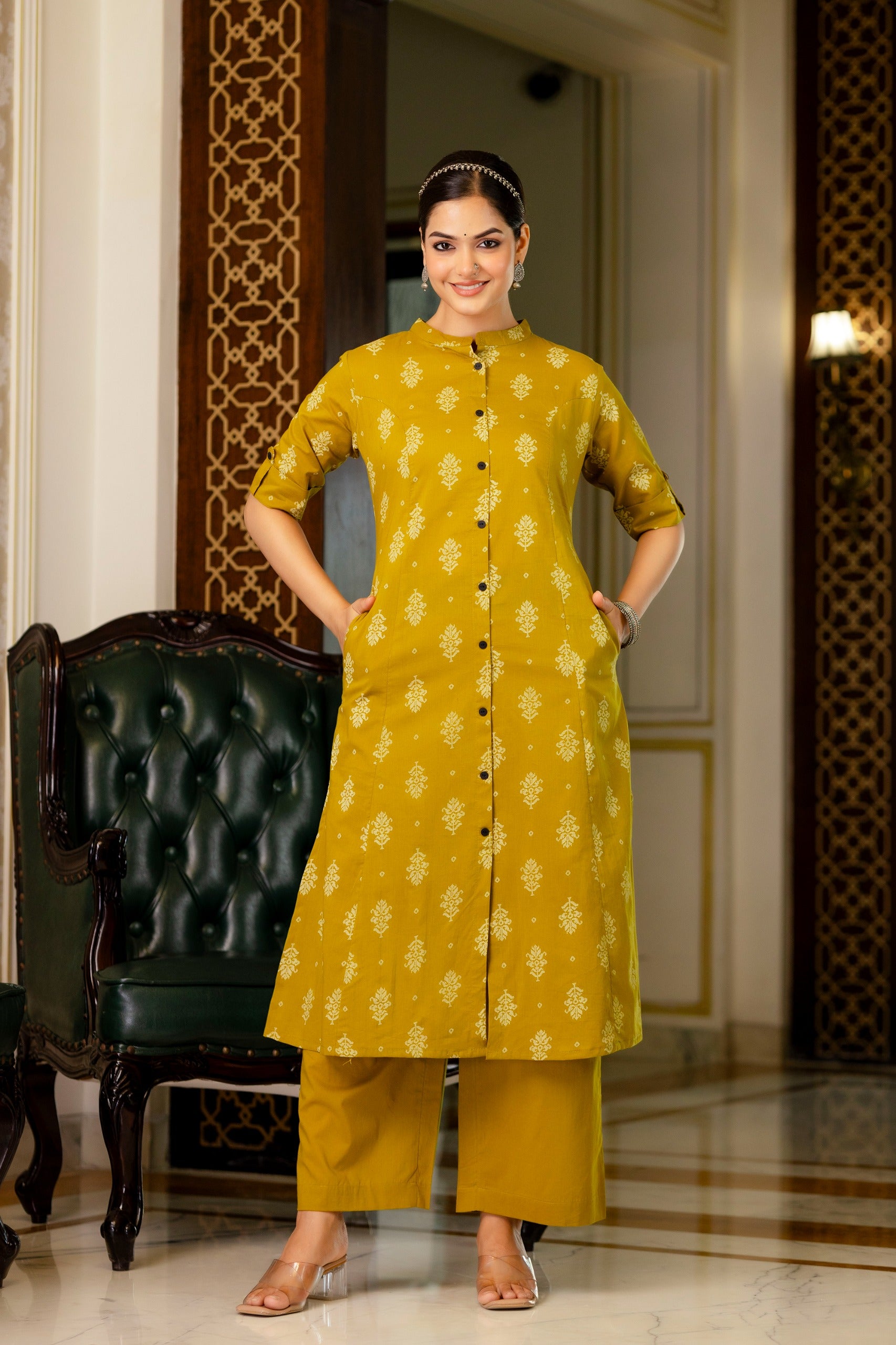 Yellow Jamdani Cotton A-line Coord Set - The Jaipur Studio