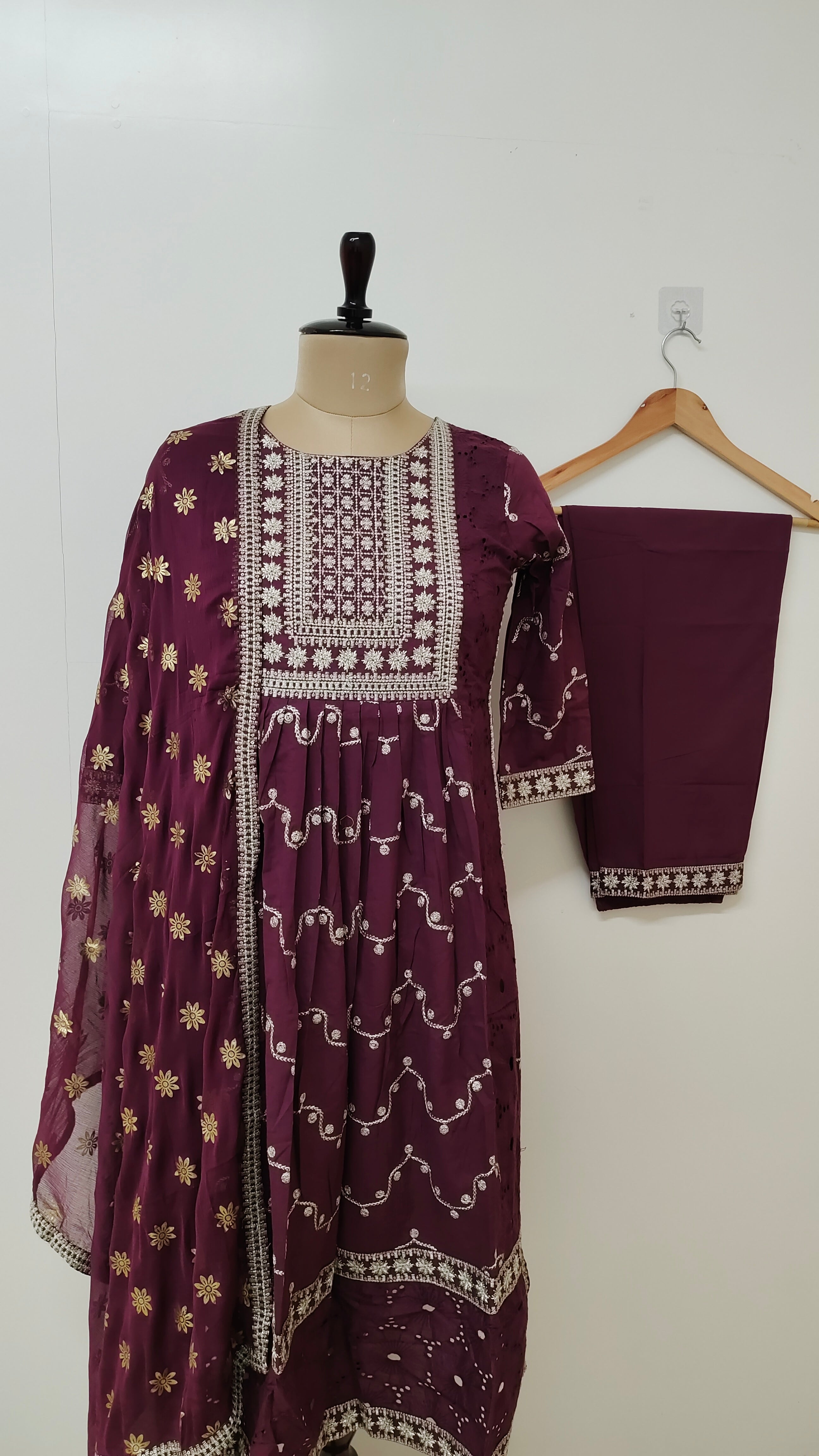 Wine Cotton Sciffili Embroidered Nyra Cut Dupatta Set