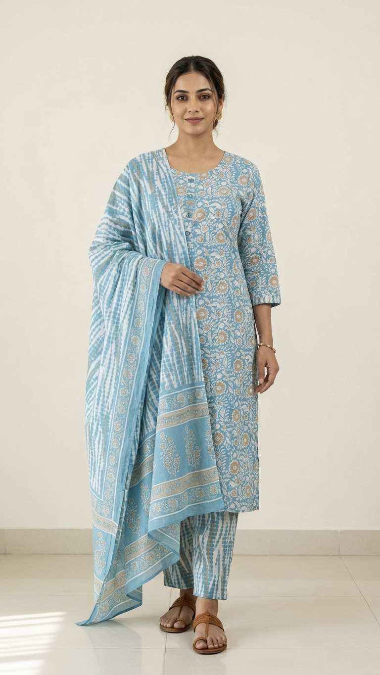 Maha Blue Cotton Straight Dupatta Set