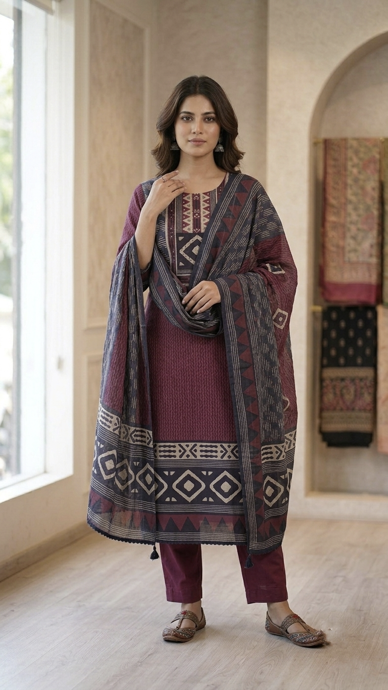 Gehna Cotton Casual Embroidered Dupatta Set