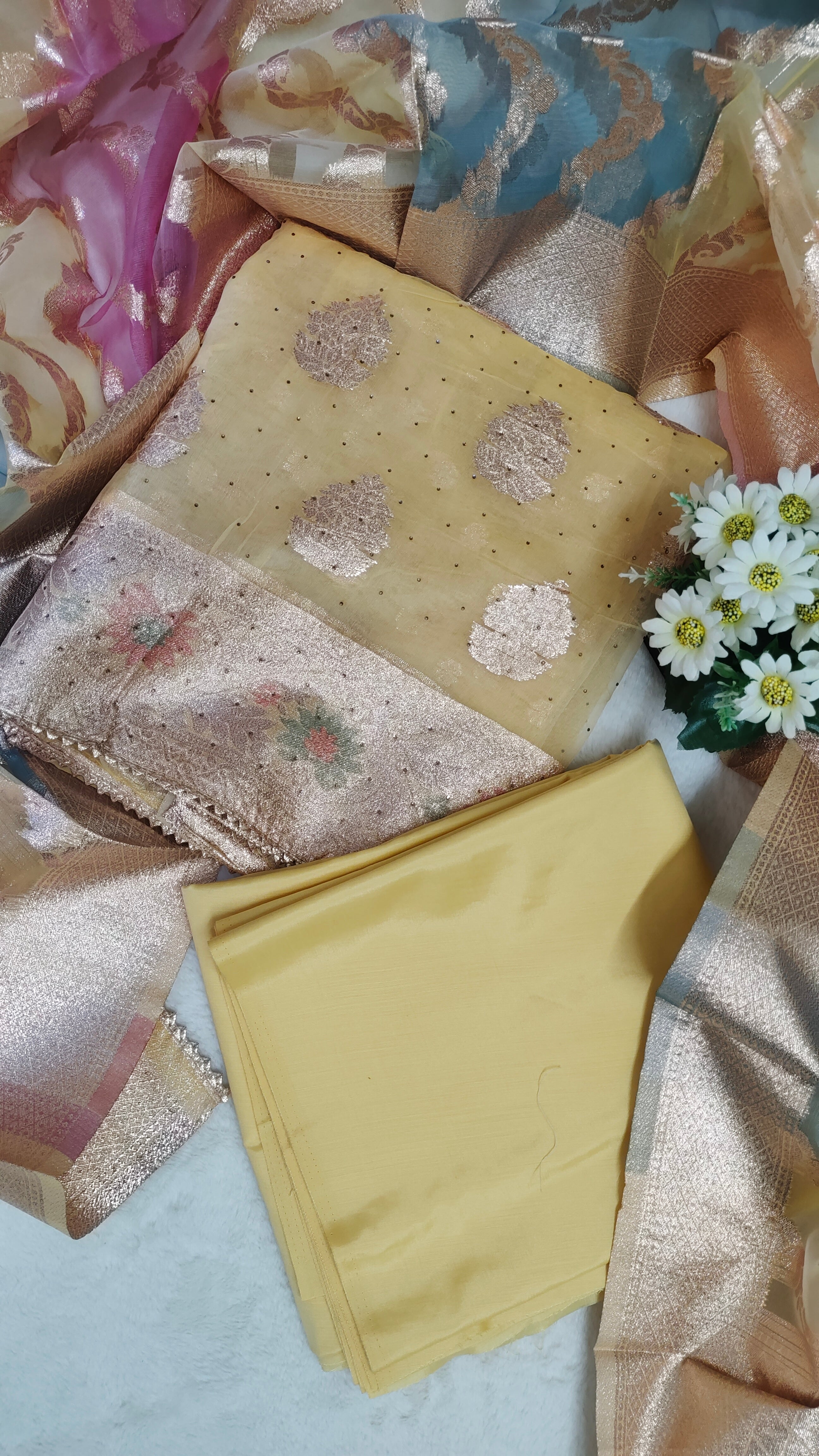 Unstitched Kurta Set with Rose-Gold Zari Booti and Designer Pastel Dupatta