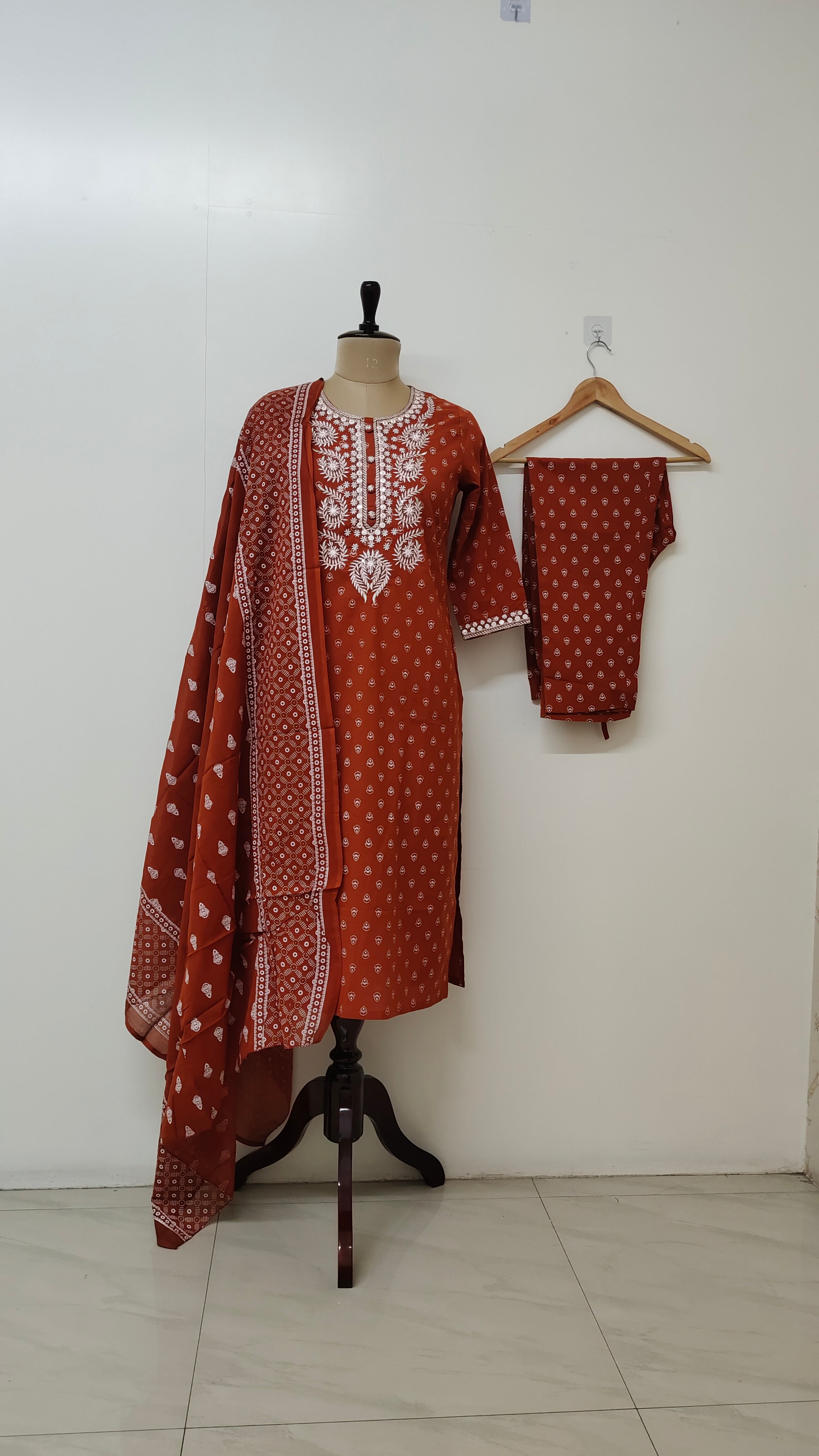 Meher Rust Cotton Embroidered Dupatta Set