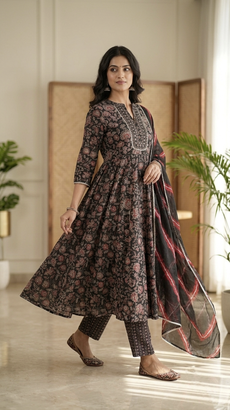 Nehal Black Muslin Embrideiered Anarkali Duppata Set