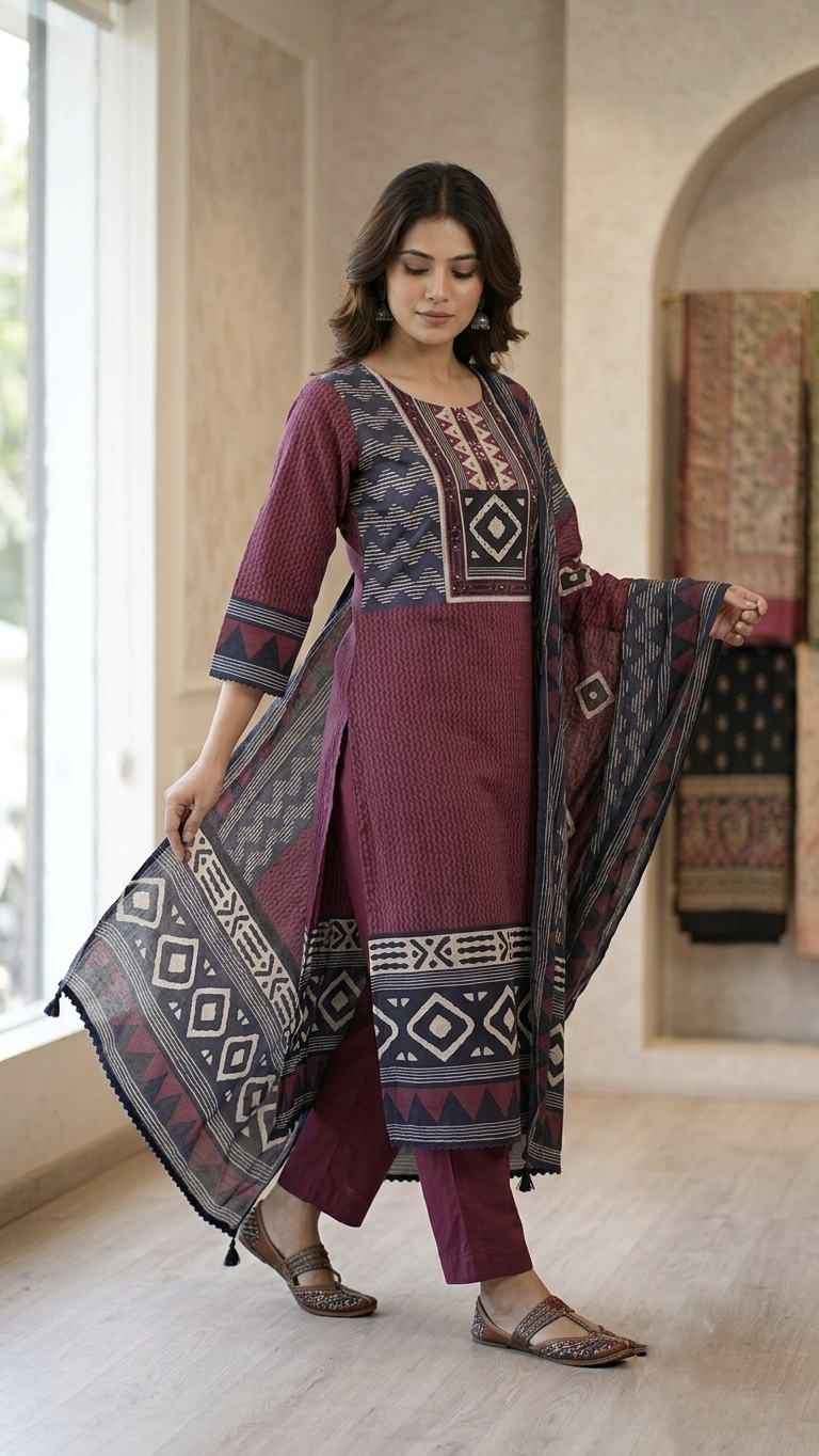 Gehna Cotton Casual Embroidered Dupatta Set
