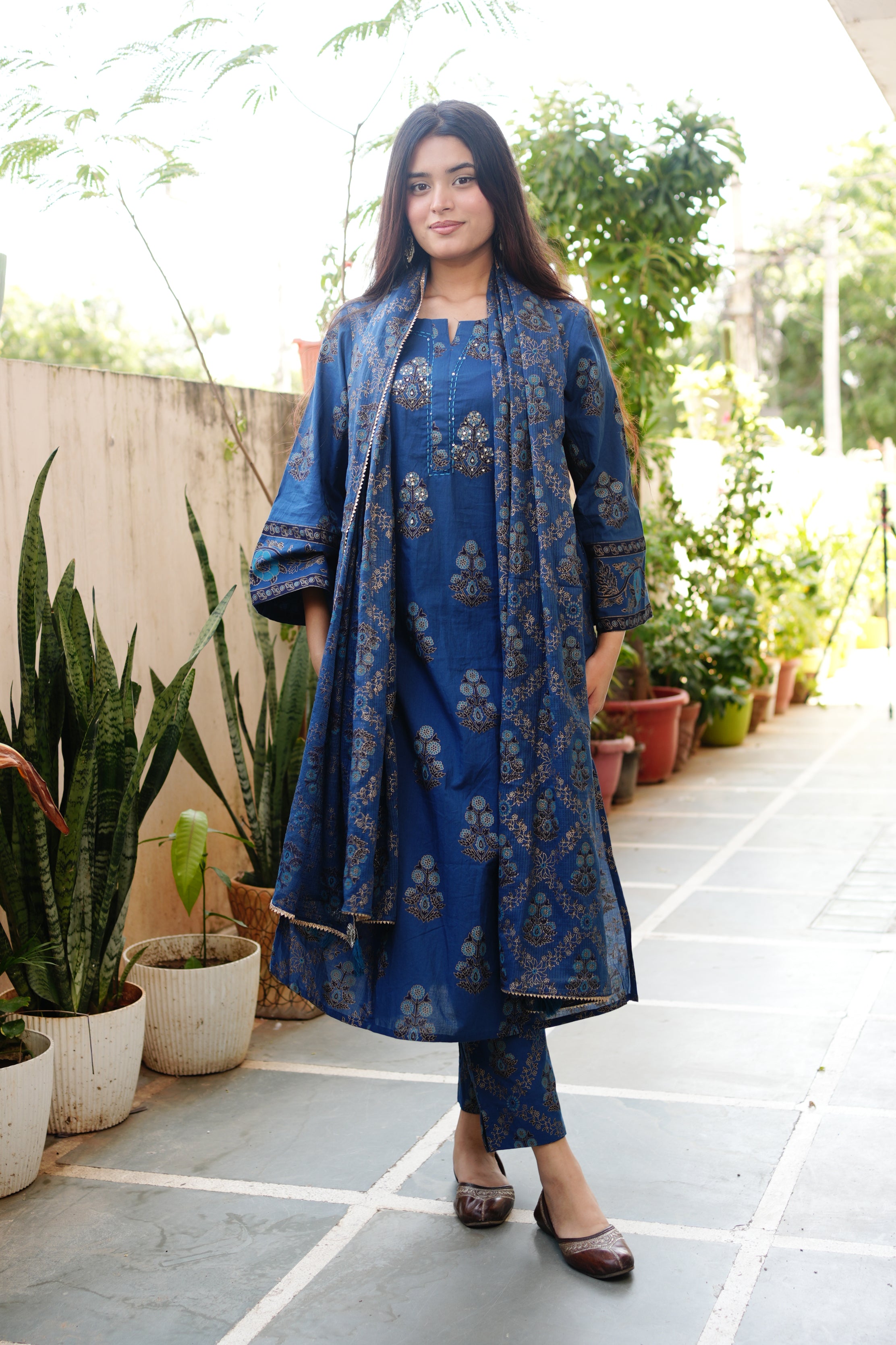 Irya Cotton Handblock Embroidered Pant Set