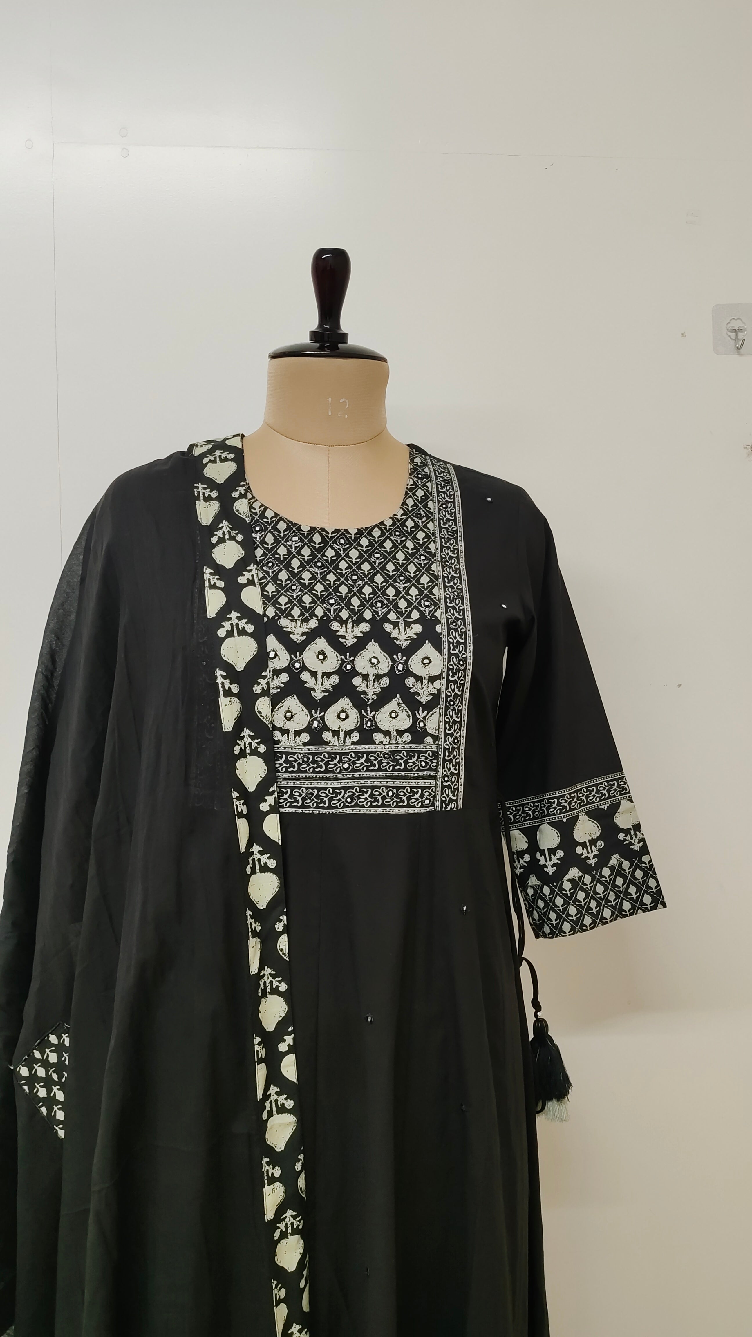 Nisha Black Cotton Handblock Anarkali Dupatta Set