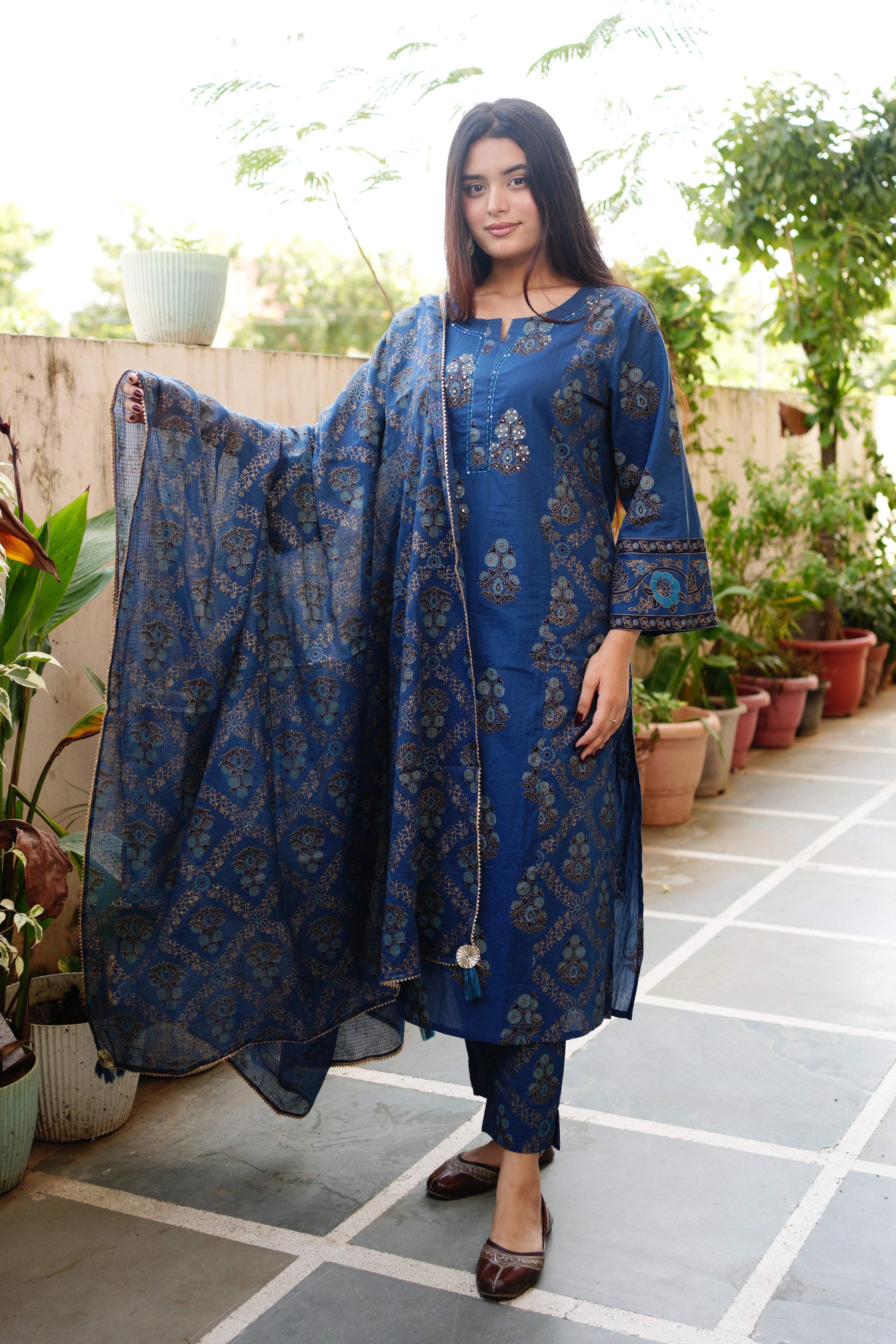 Irya Cotton Handblock Embroidered Pant Set