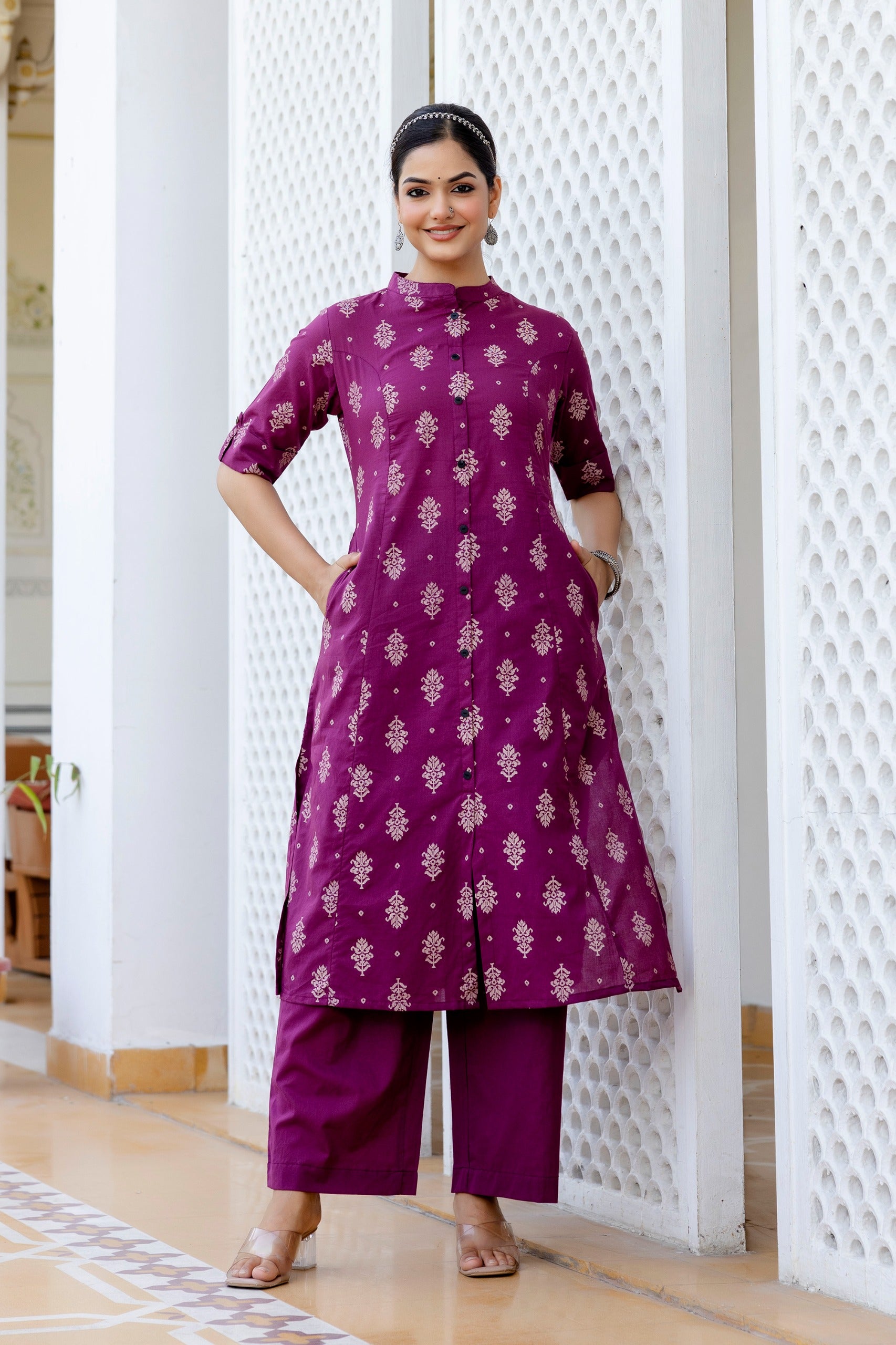 Purple Jamdani Cotton A-line Coord Set - The Jaipur Studio