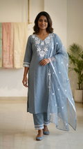 Aria Grey Cotton Embroidered Straight Dupatta Set