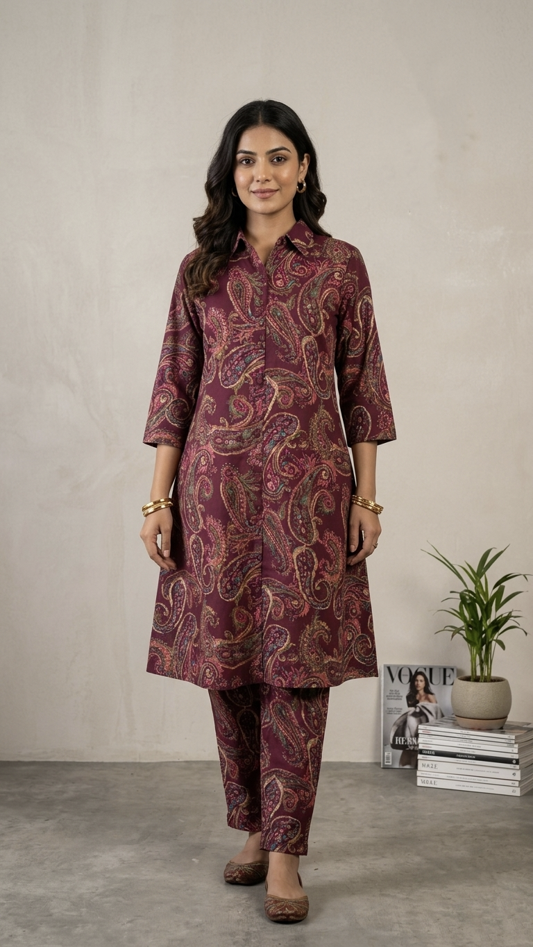 Diona Wine Kalamkari Cotton Coord Set