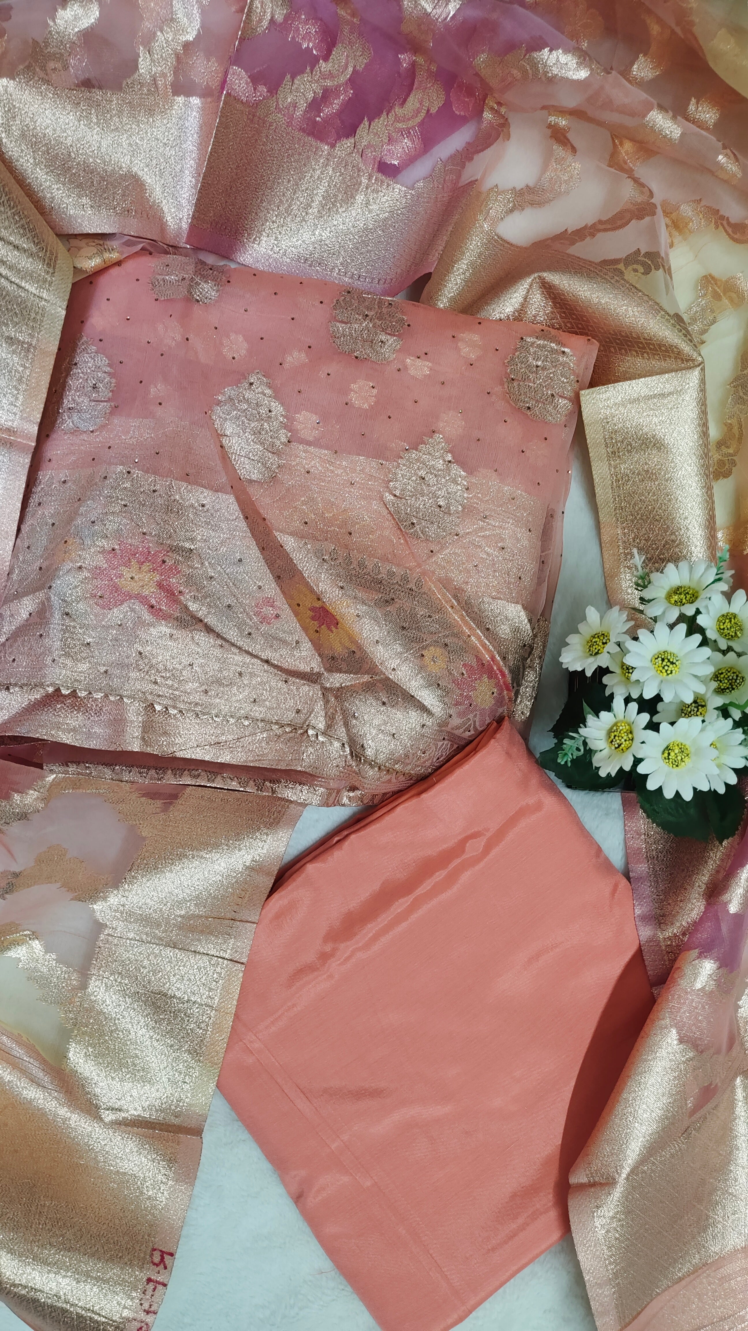 Unstitched Kurta Set with Rose-Gold Zari Booti and Designer Pastel Dupatta