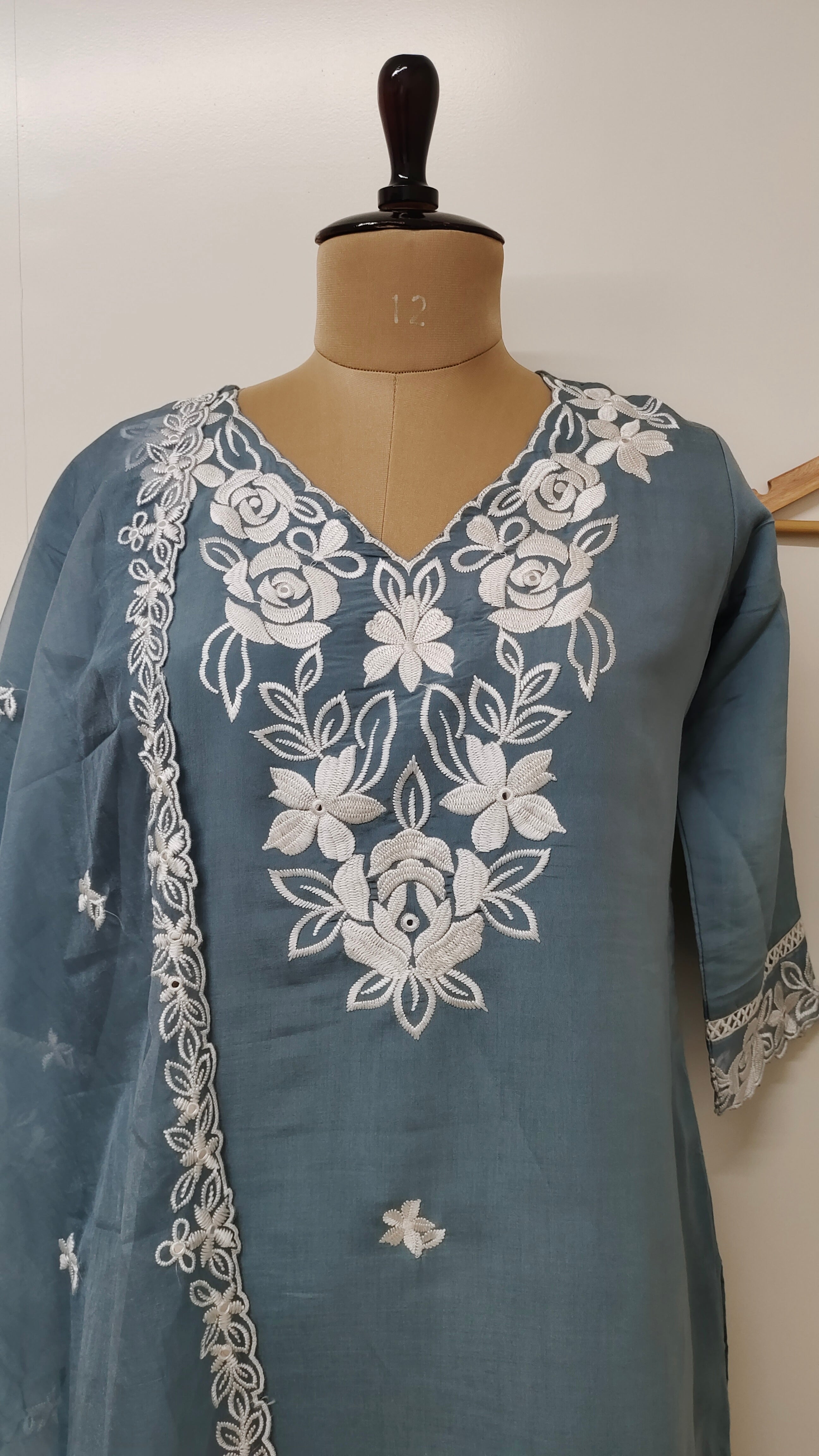 Aria Grey Cotton Embroidered Straight Dupatta Set