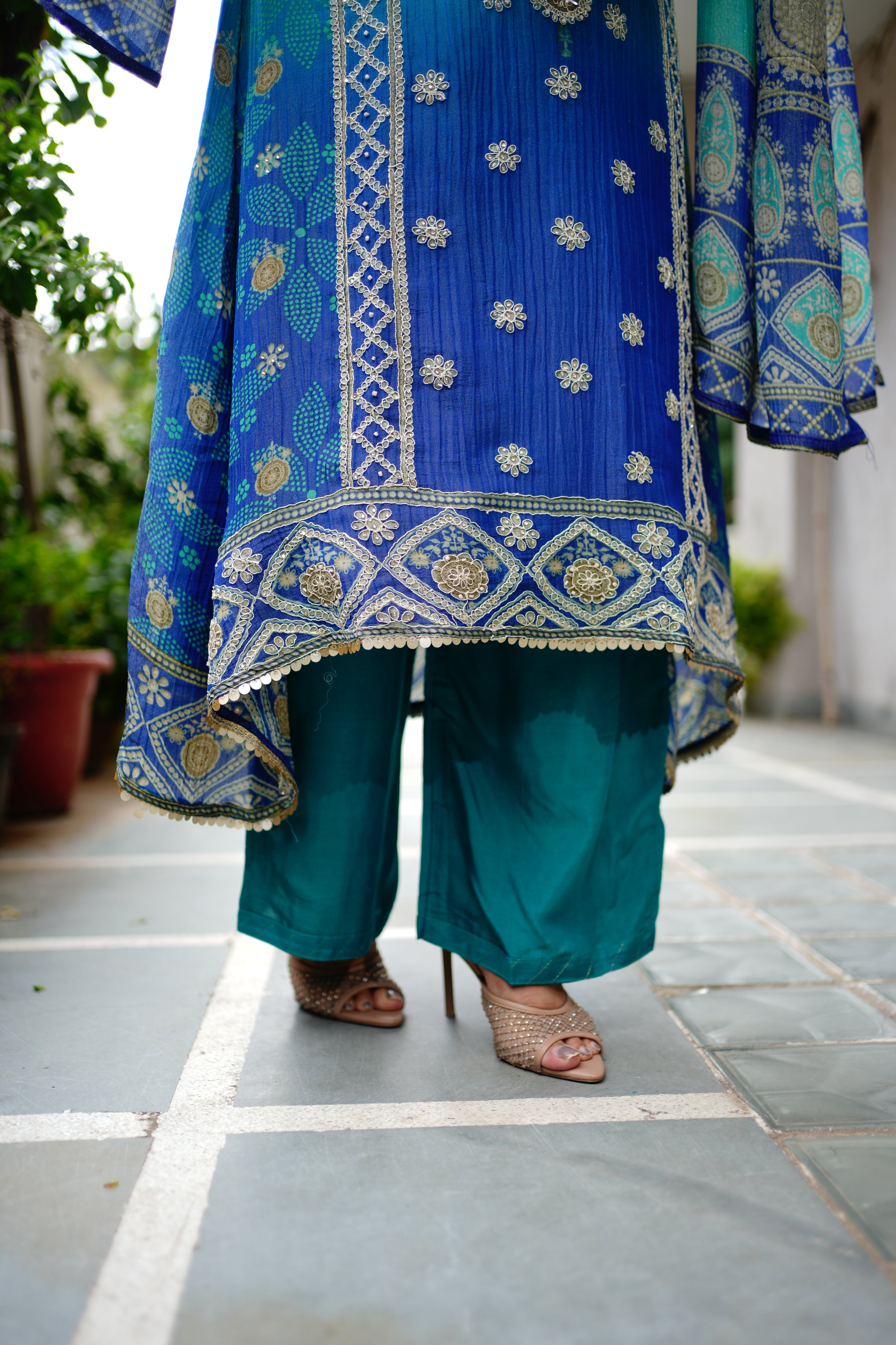 Aaliya Asymmetric Shimmer Tissue  Embroidered Pant Set
